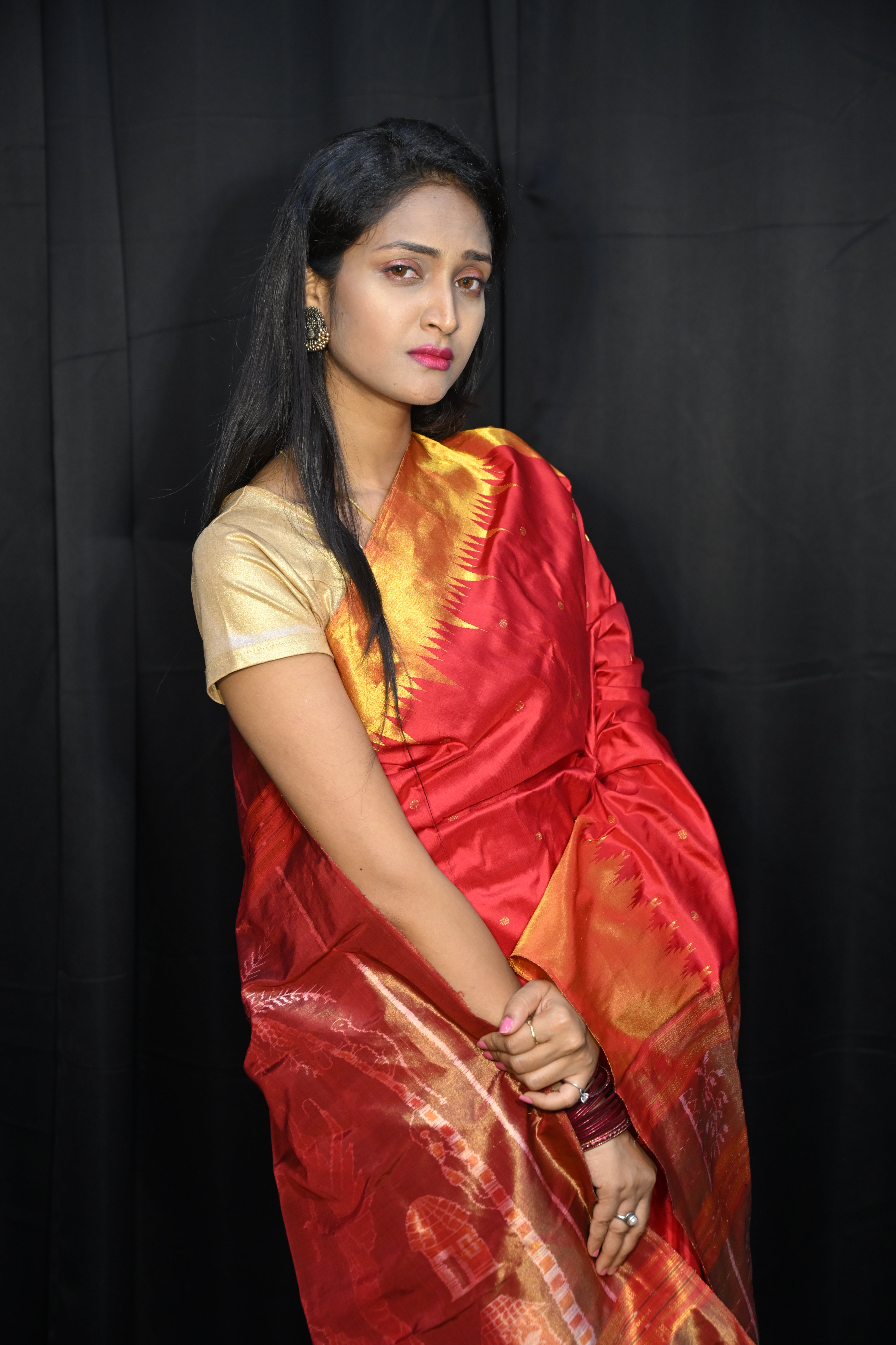Red Golden Phoda Kumbha Half Tissue Sambalpuri Silk Saree