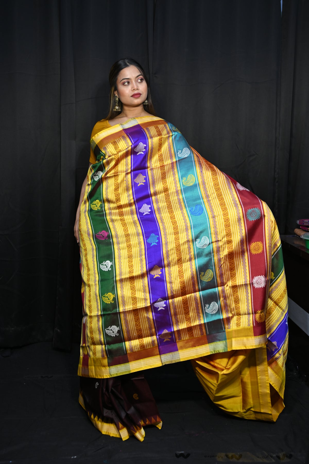 Coffee Yellow Multi Colour  Double Anchal Berhampuri Silk Saree