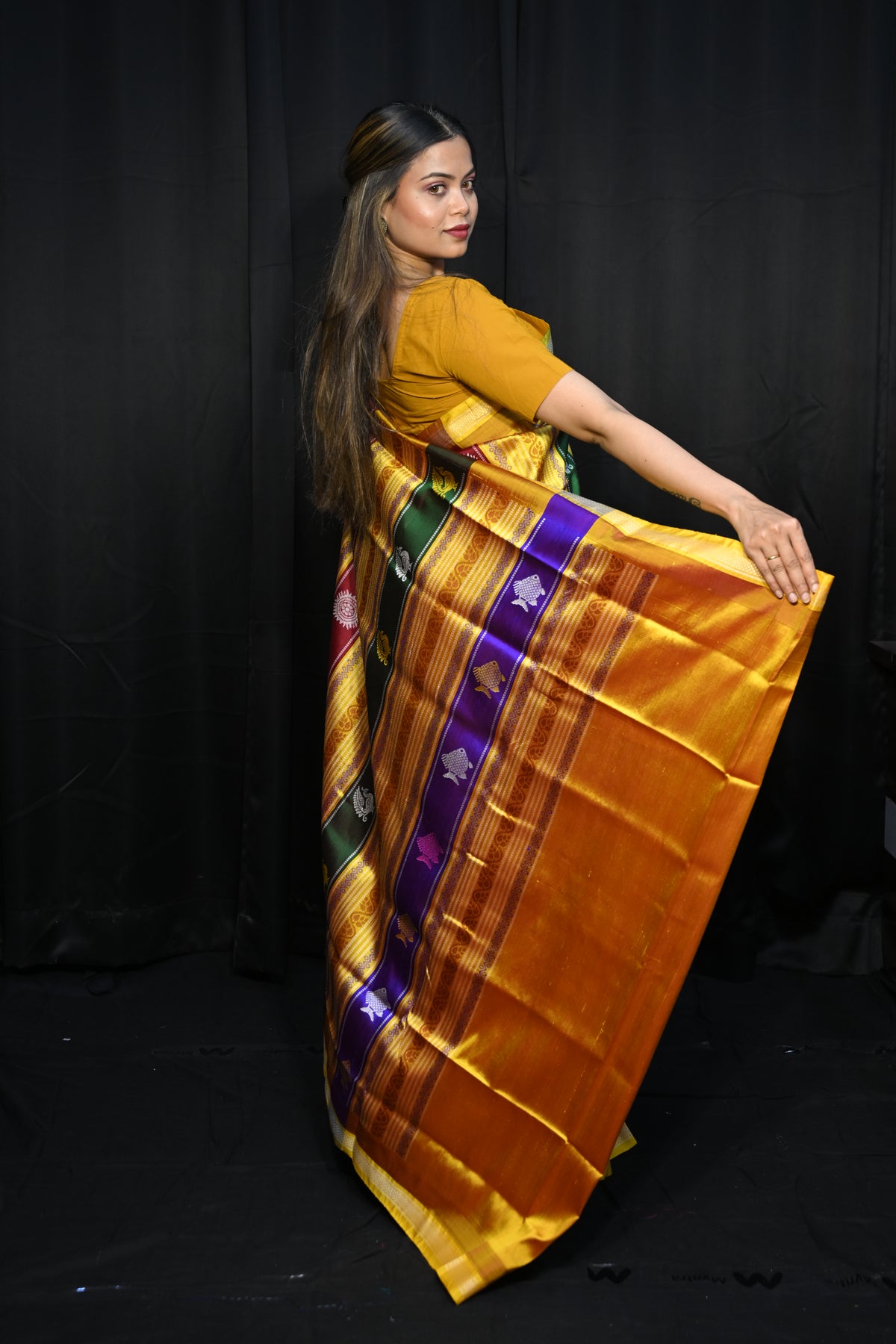 Coffee Yellow Multi Colour  Double Anchal Berhampuri Silk Saree
