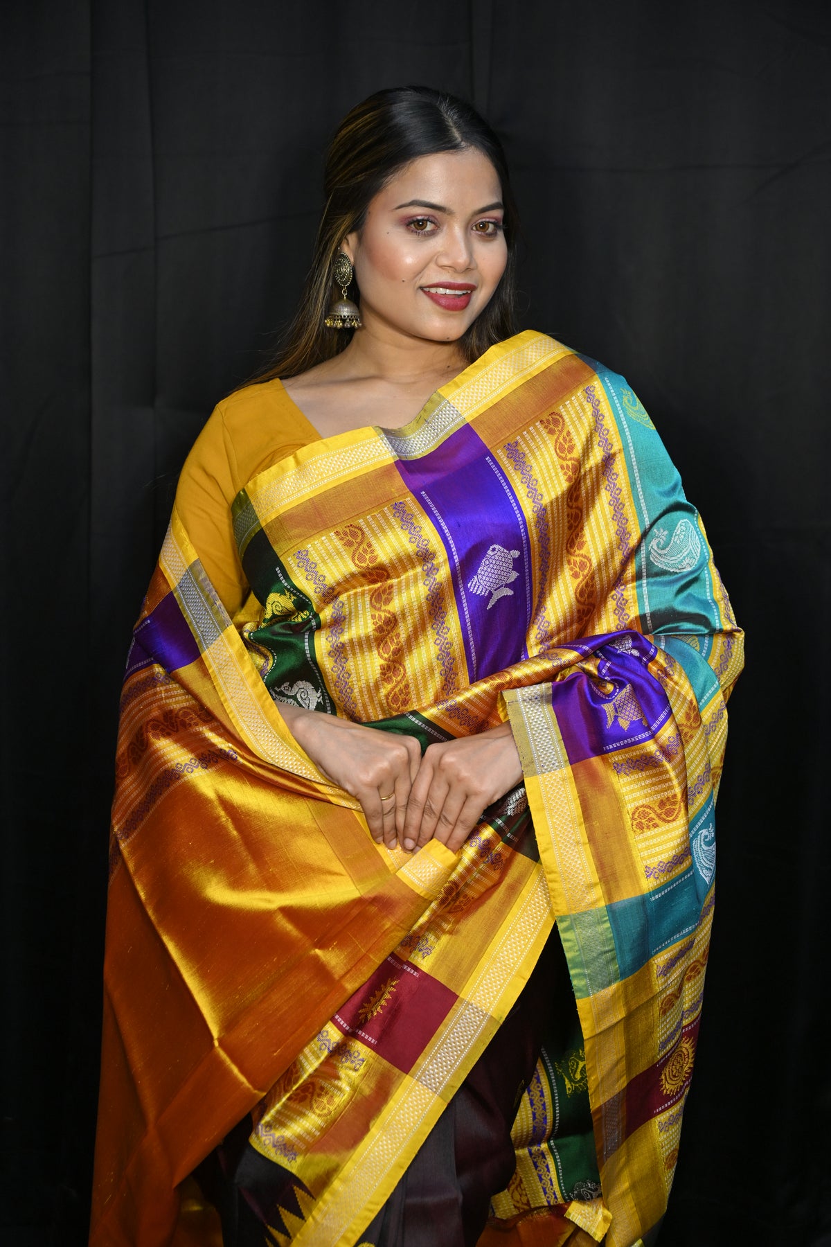 Coffee Yellow Multi Colour  Double Anchal Berhampuri Silk Saree
