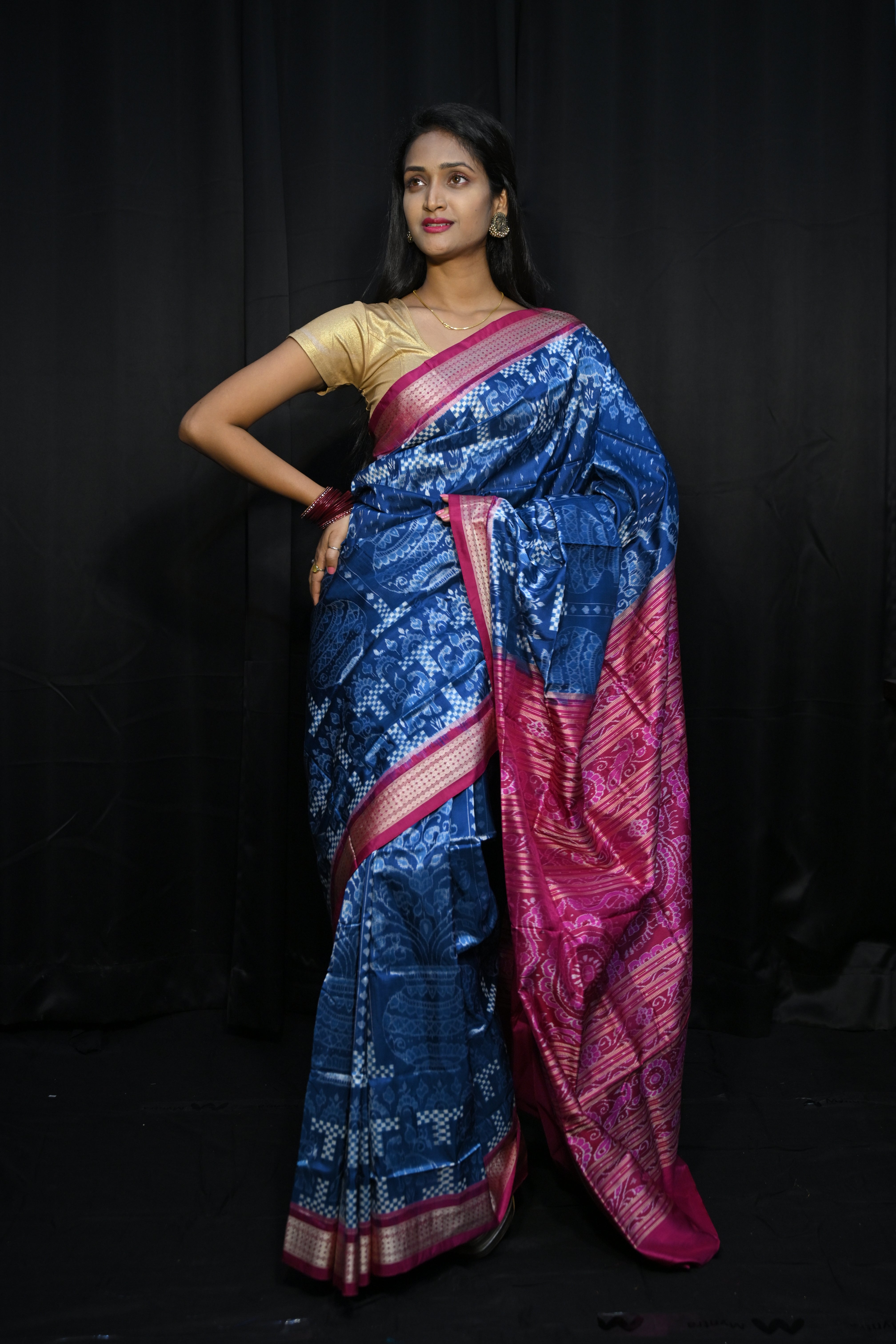 Teal Blue Magenta Tree Design Sambalpuri Silk Saree