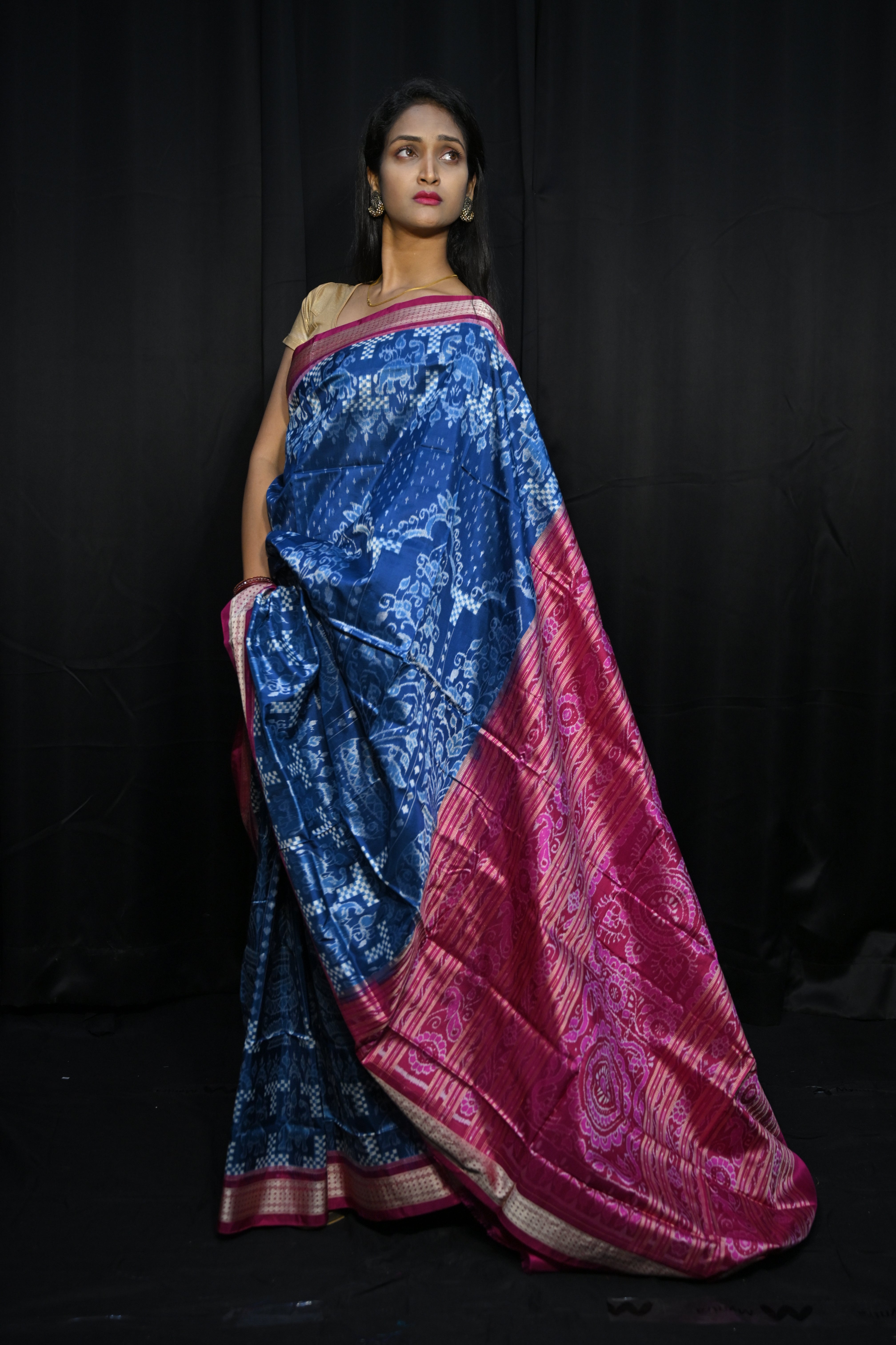 Teal Blue Magenta Tree Design Sambalpuri Silk Saree