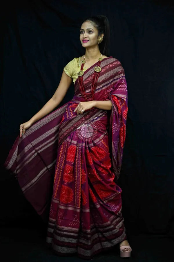 Purple Maroon Natural Dye Lotus Motifs Sambalpuri Cotton Saree
