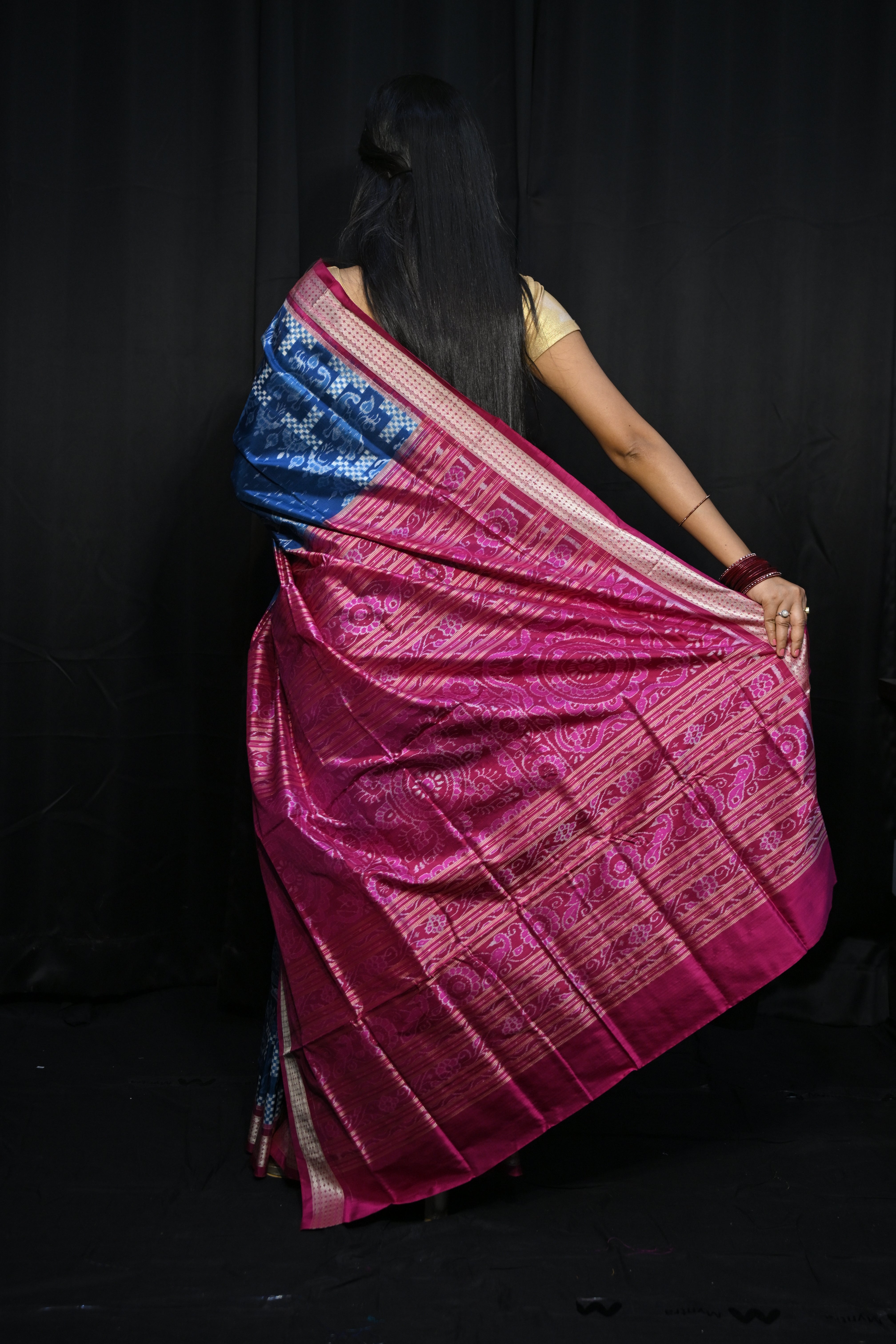 Teal Blue Magenta Tree Design Sambalpuri Silk Saree