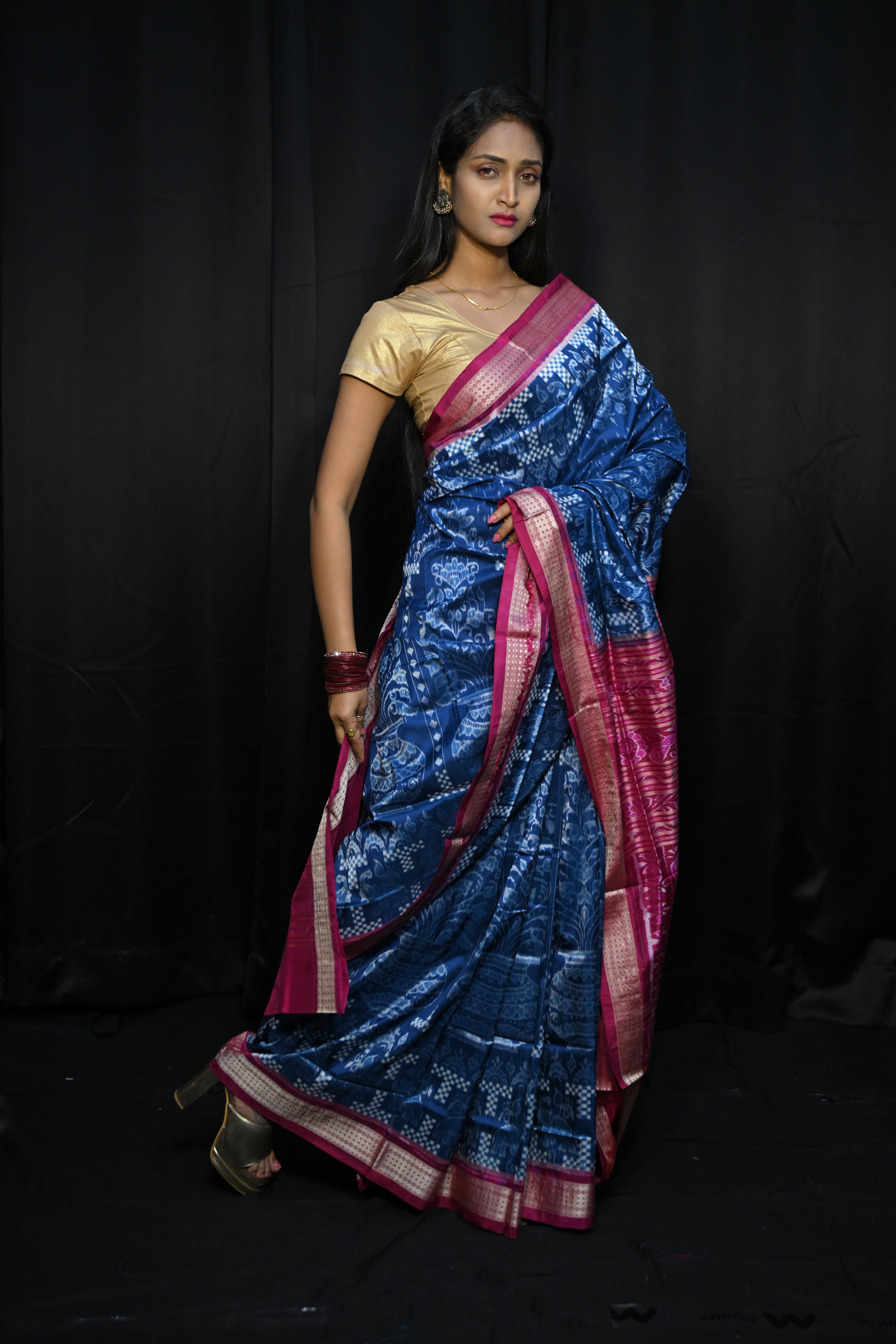Teal Blue Magenta Tree Design Sambalpuri Silk Saree