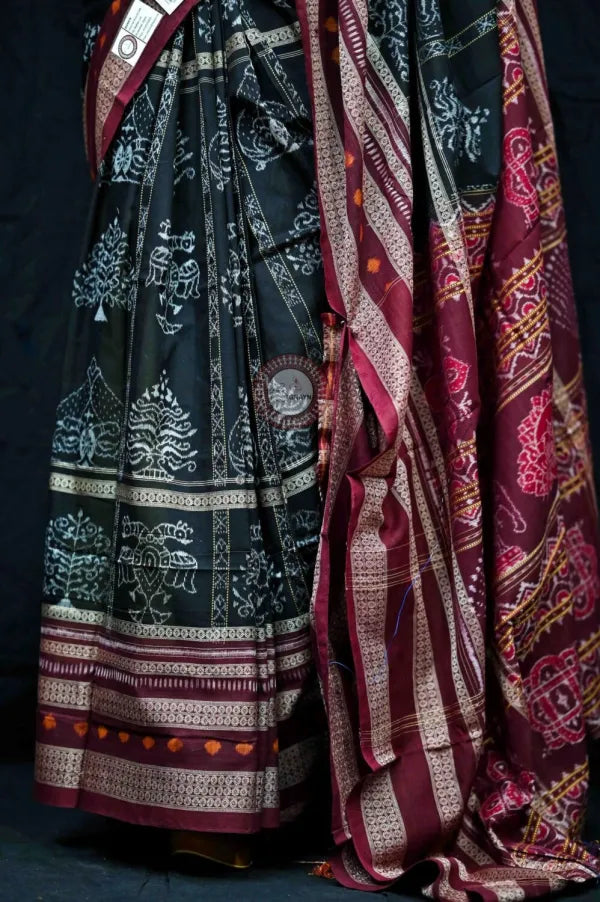 Black Maroon Natural Dye Tree Motifs Sambalpuri Cotton Saree