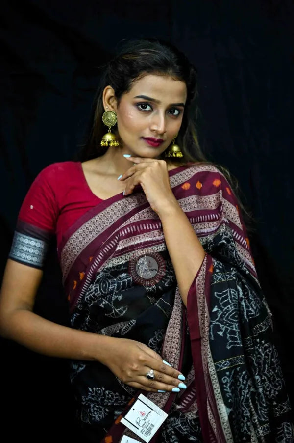 Black Maroon Natural Dye Tree Motifs Sambalpuri Cotton Saree