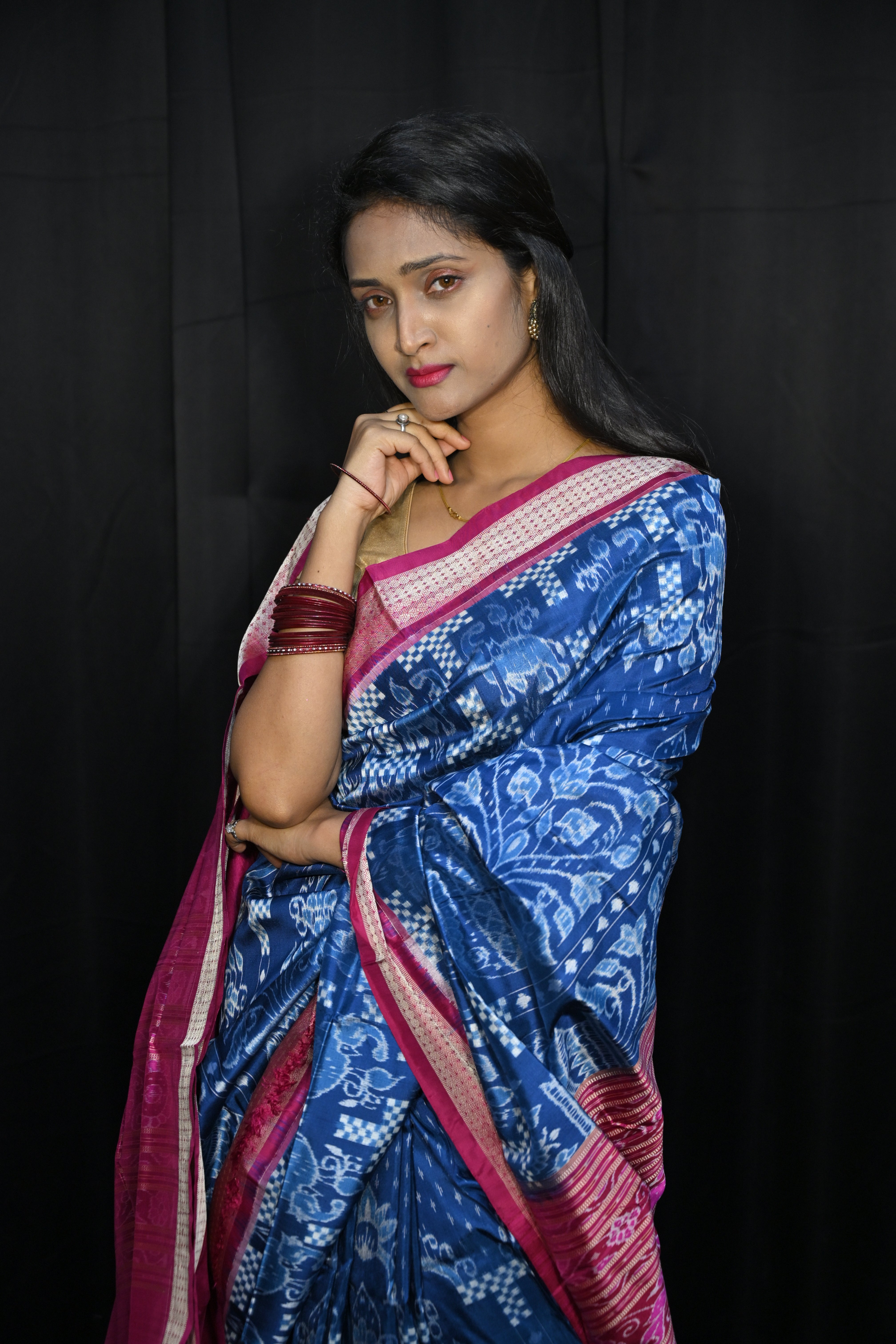 Teal Blue Magenta Tree Design Sambalpuri Silk Saree