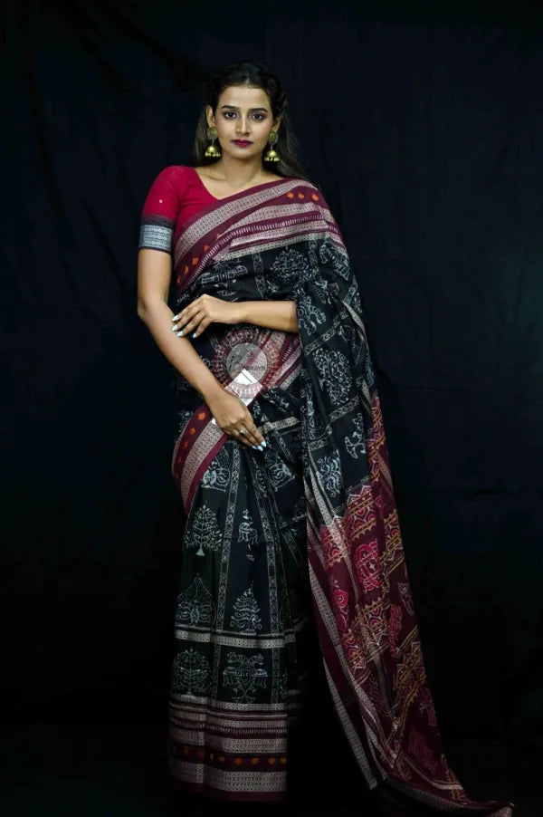 Black Maroon Natural Dye Tree Motifs Sambalpuri Cotton Saree