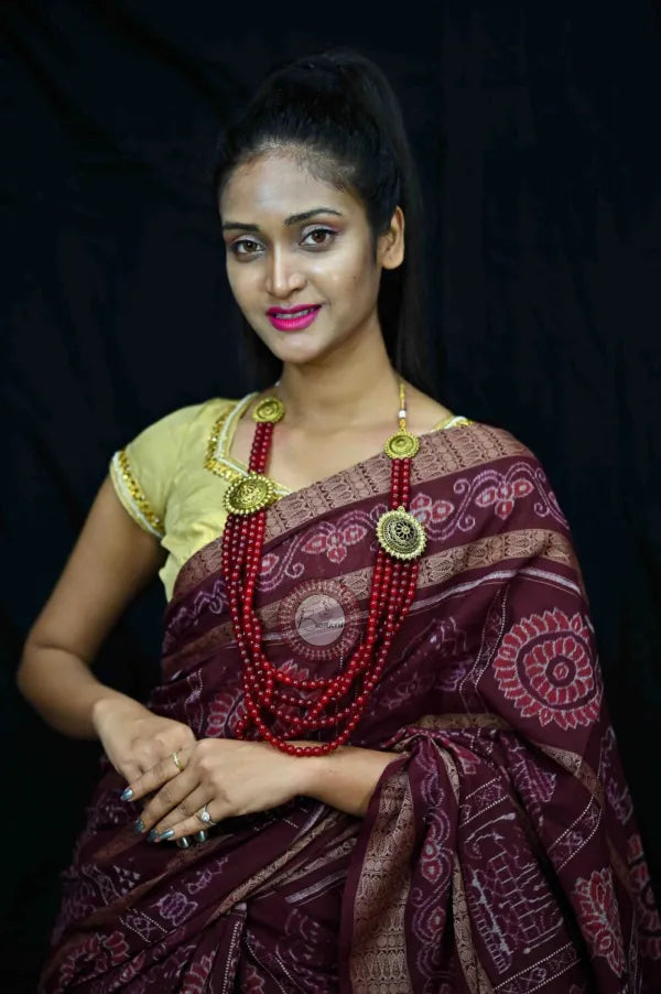 Maroon Natural Dye Motifs Sambalpuri Cotton Saree