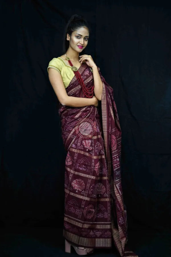Maroon Natural Dye Motifs Sambalpuri Cotton Saree
