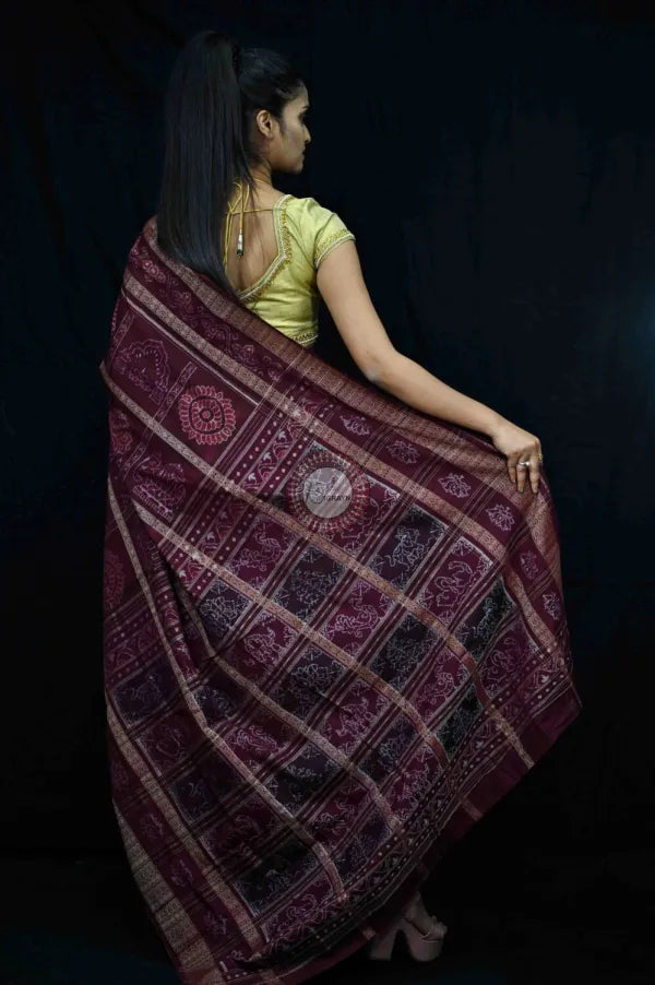 Maroon Natural Dye Motifs Sambalpuri Cotton Saree