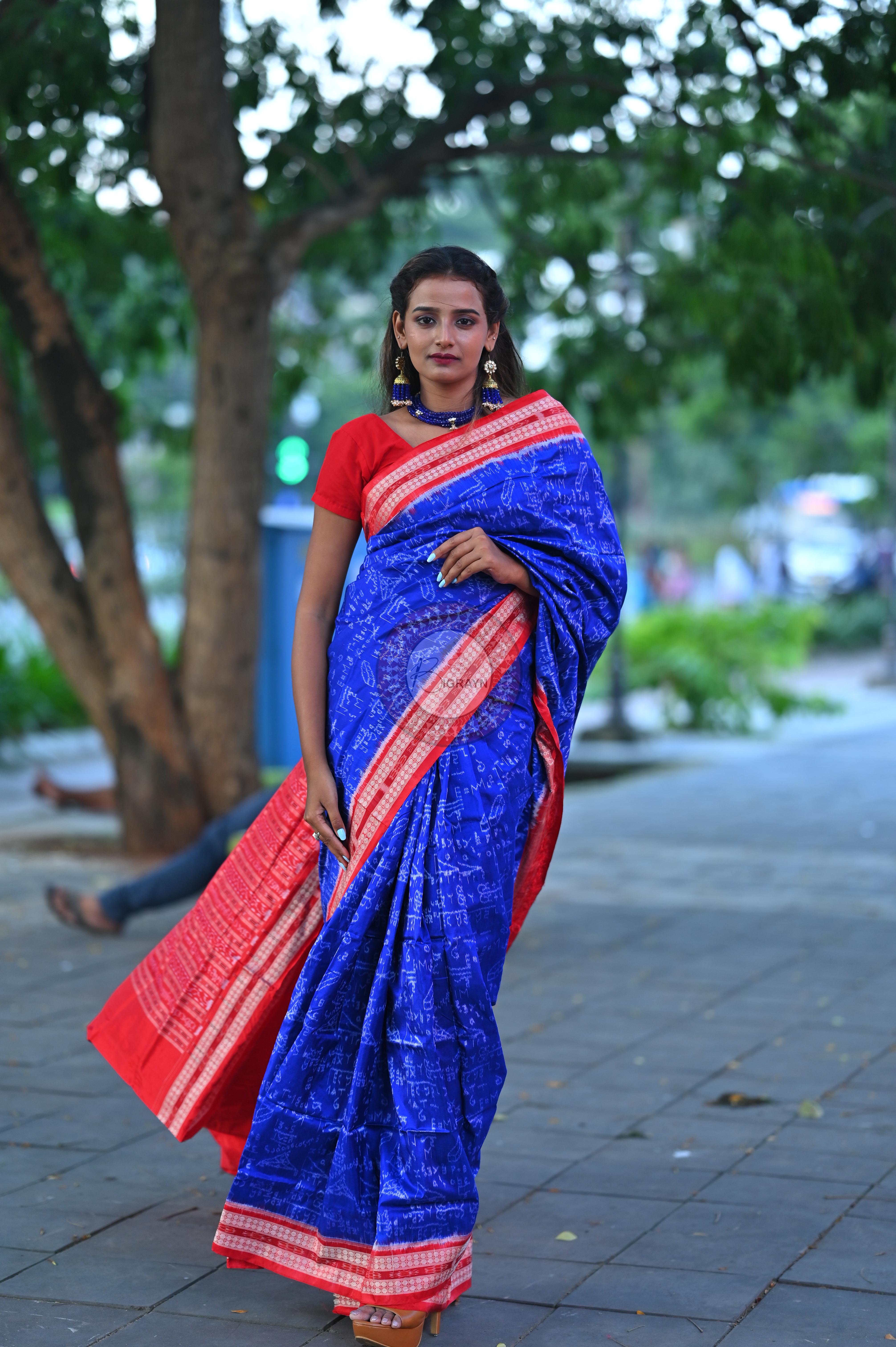 Blue Red Mathematics Sambalpuri Silk Saree