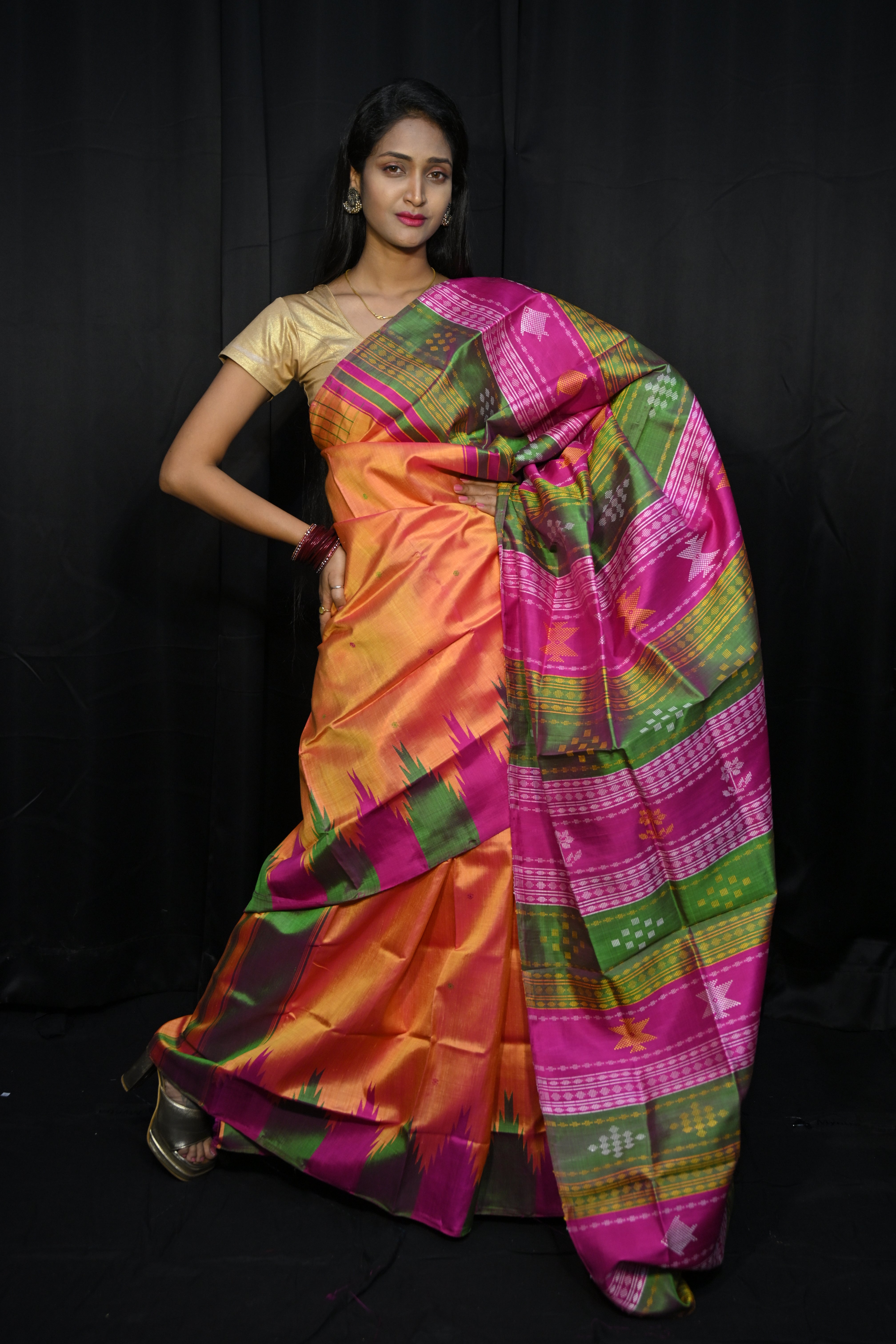 Rust Multi Colour Kumbha Double Anchal Berhampuri Silk Saree