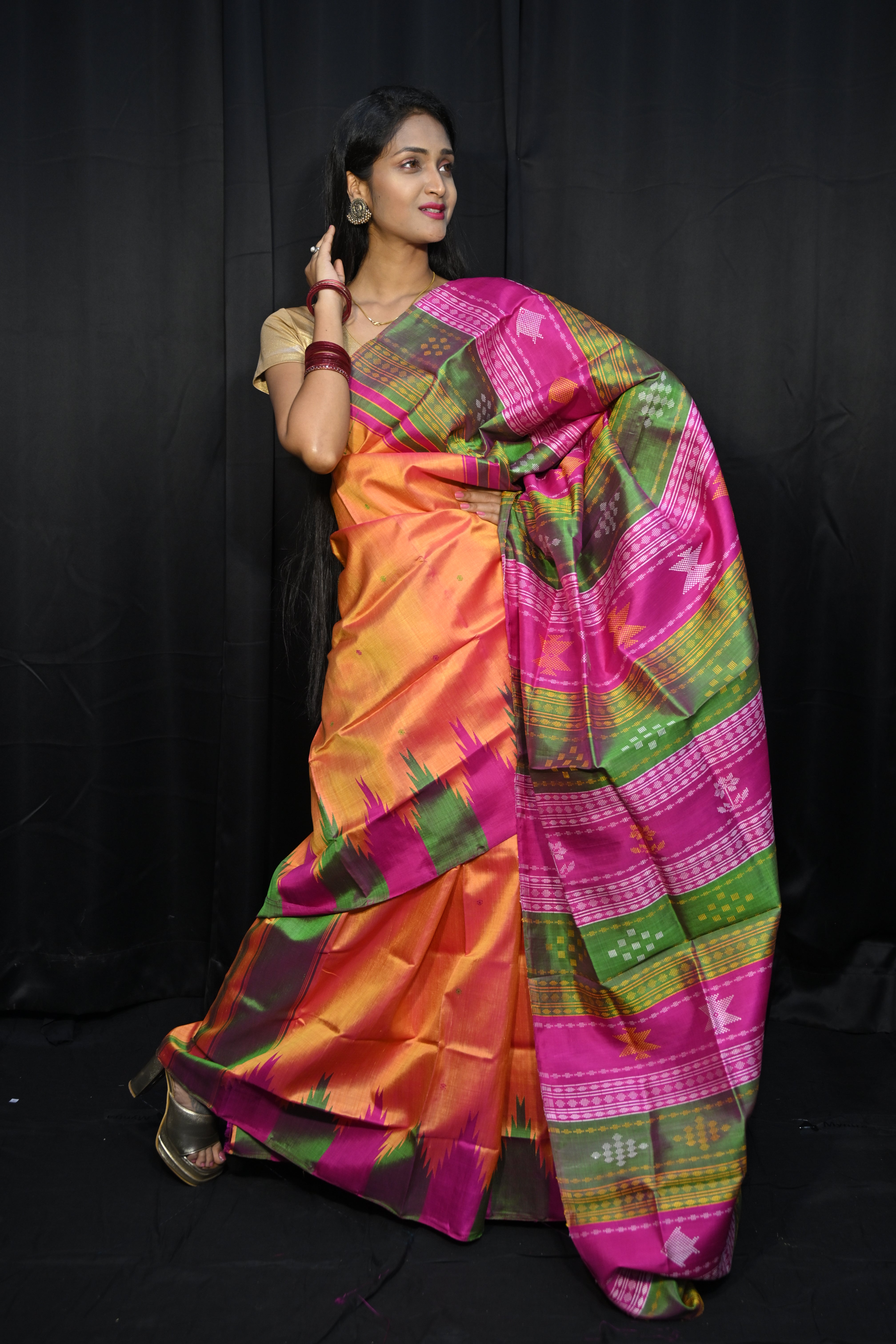 Rust Multi Colour Kumbha Double Anchal Berhampuri Silk Saree
