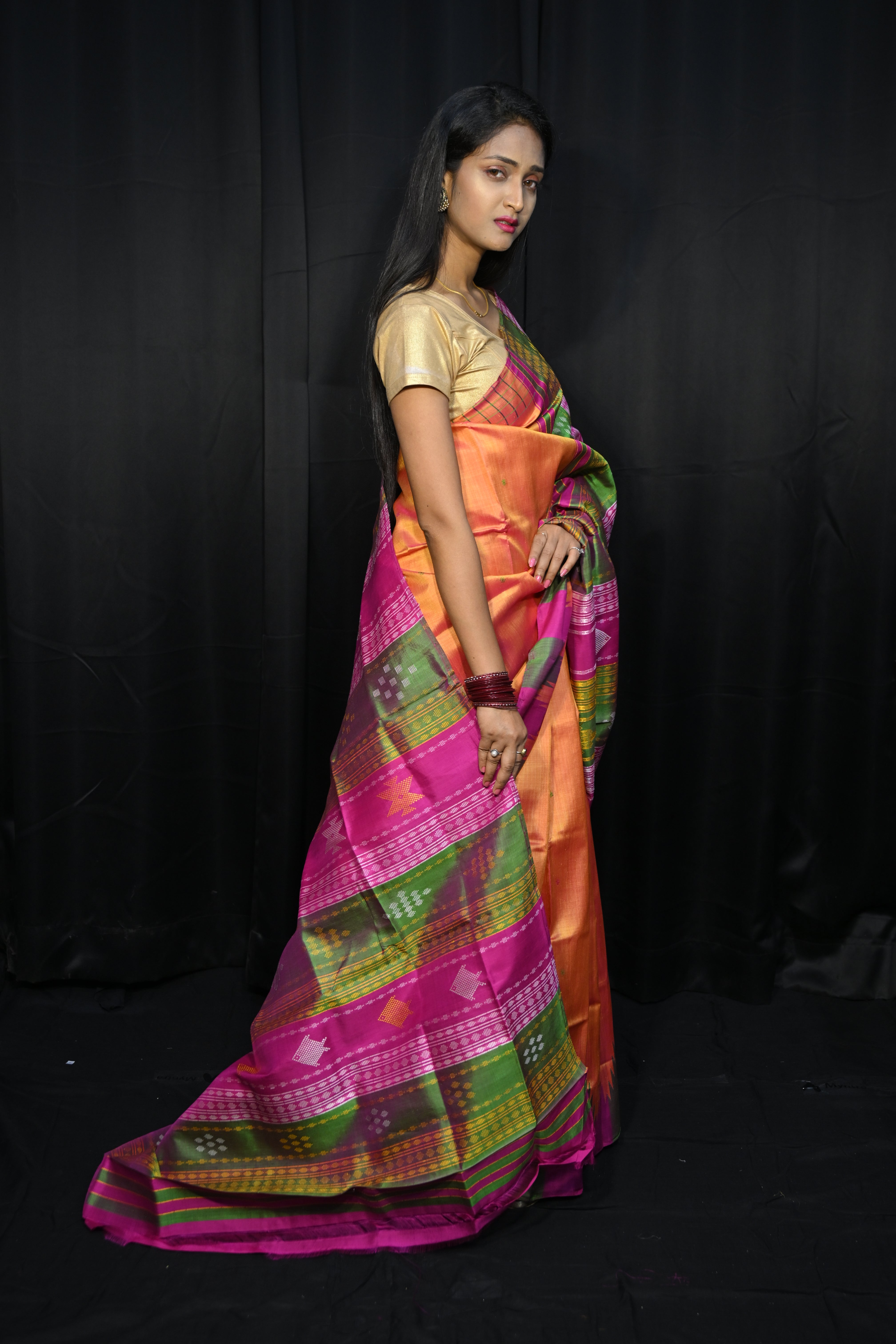 Rust Multi Colour Kumbha Double Anchal Berhampuri Silk Saree