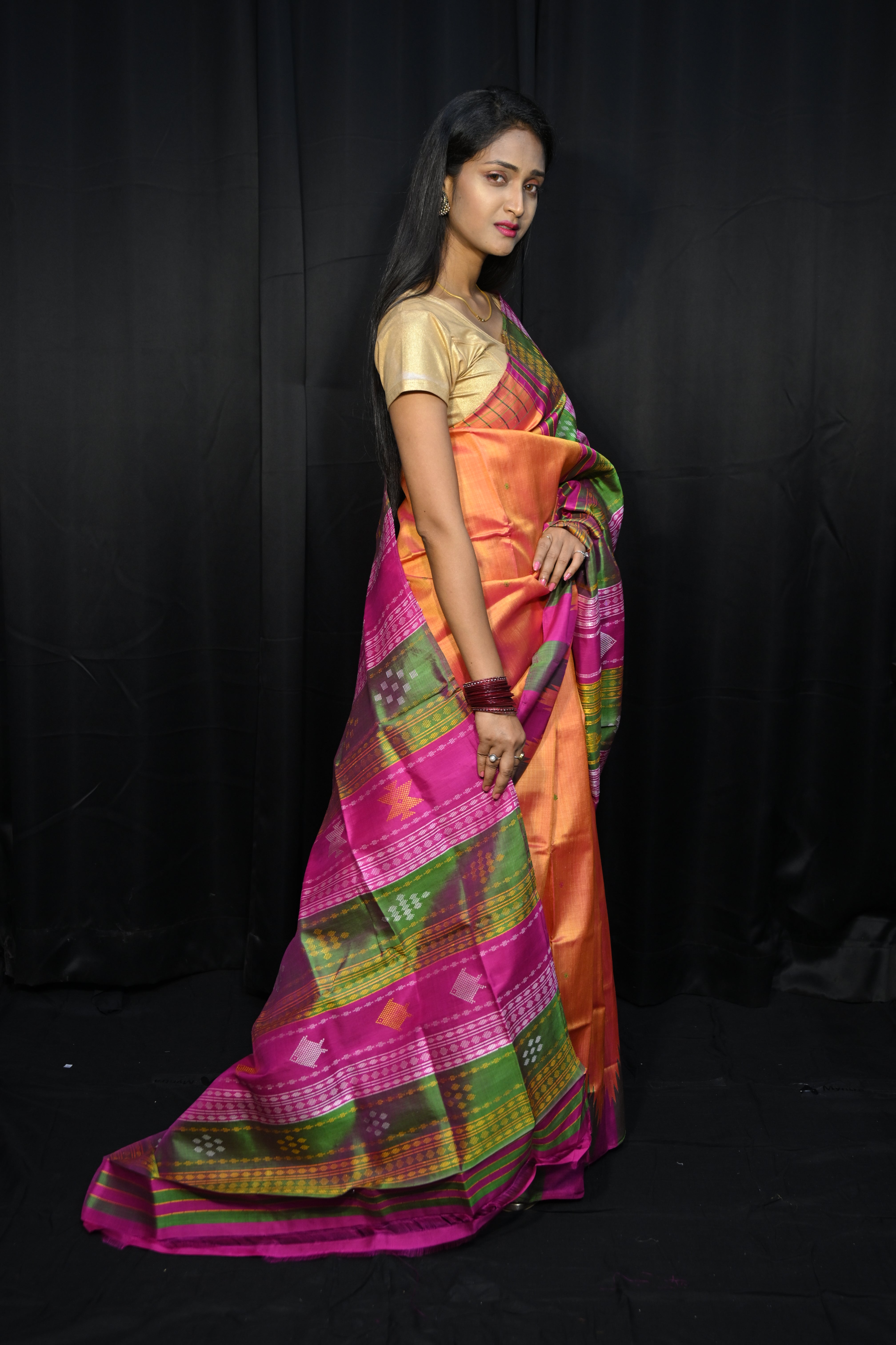 Rust Multi Colour Kumbha Double Anchal Berhampuri Silk Saree