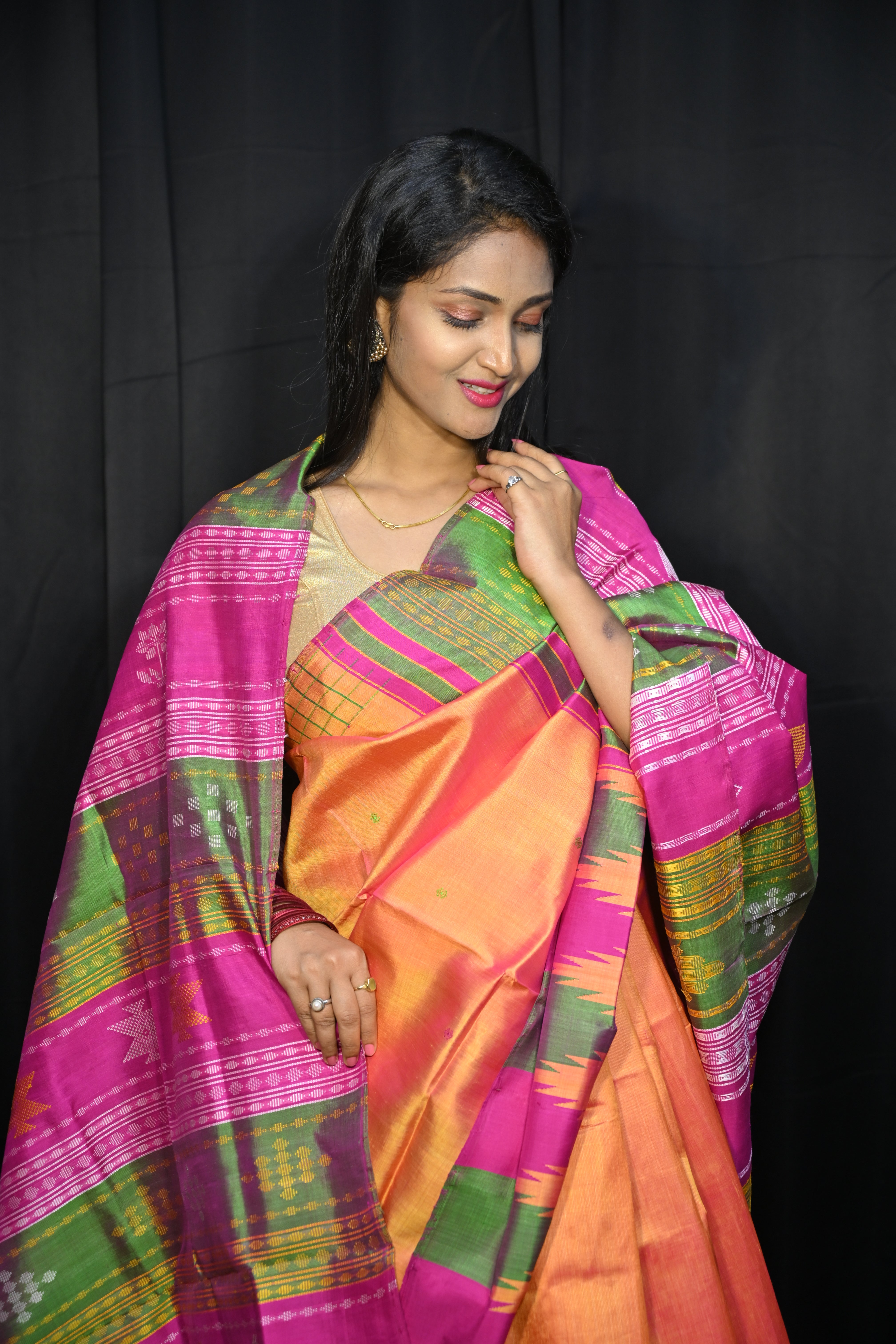 Rust Multi Colour Kumbha Double Anchal Berhampuri Silk Saree