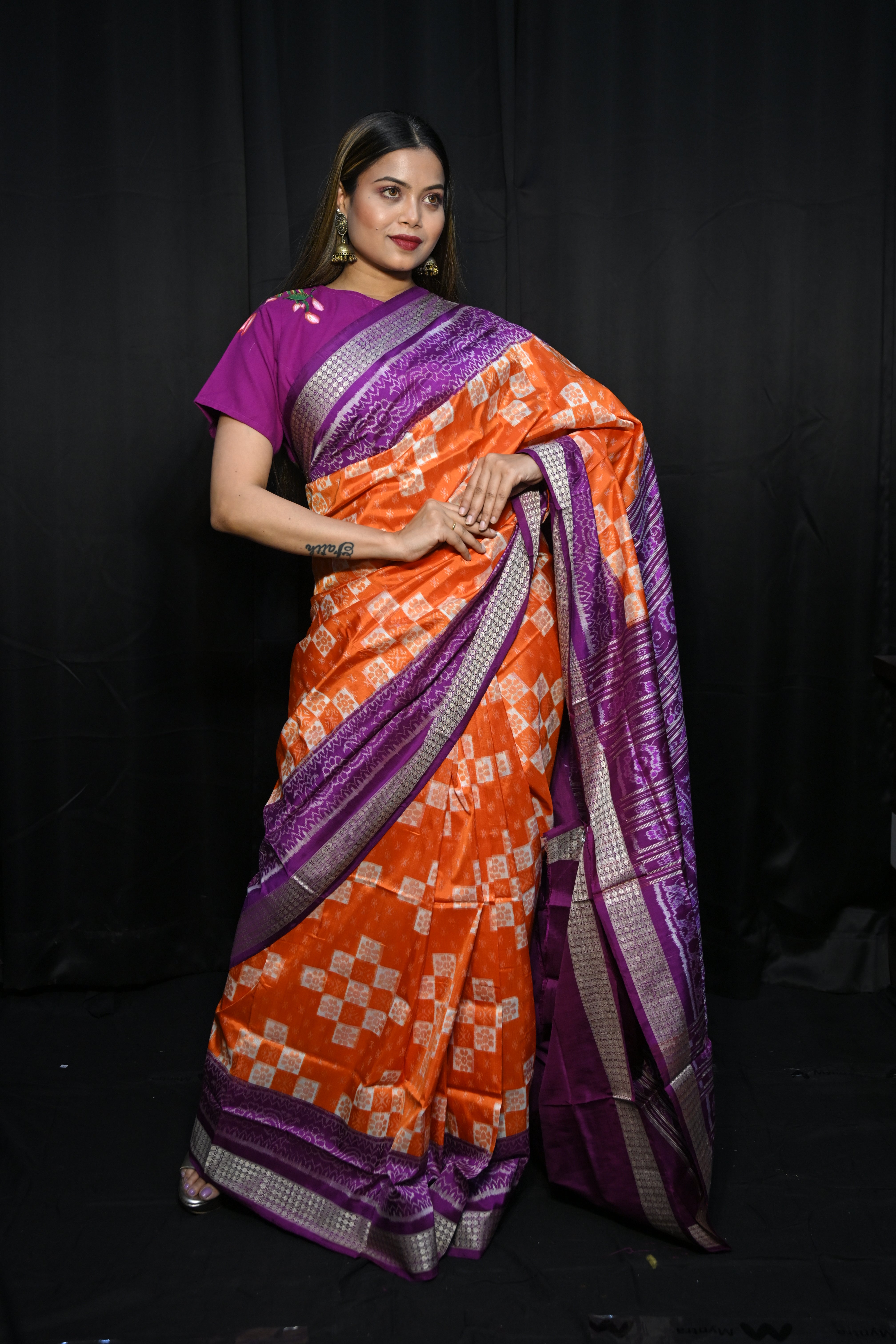 Orange Purple Pasapali Design Sambalpuri Silk Saree