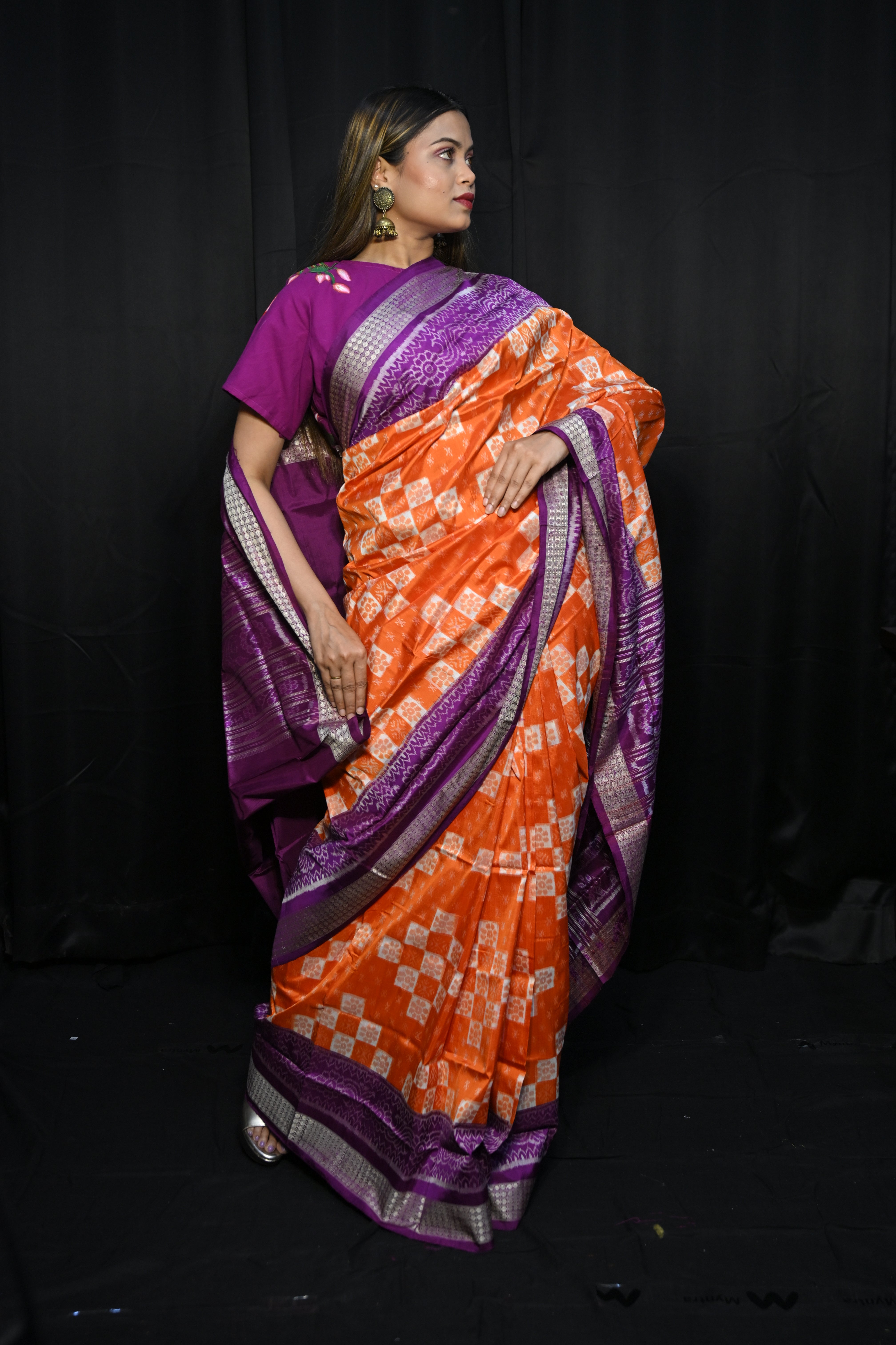 Orange Purple Pasapali Design Sambalpuri Silk Saree