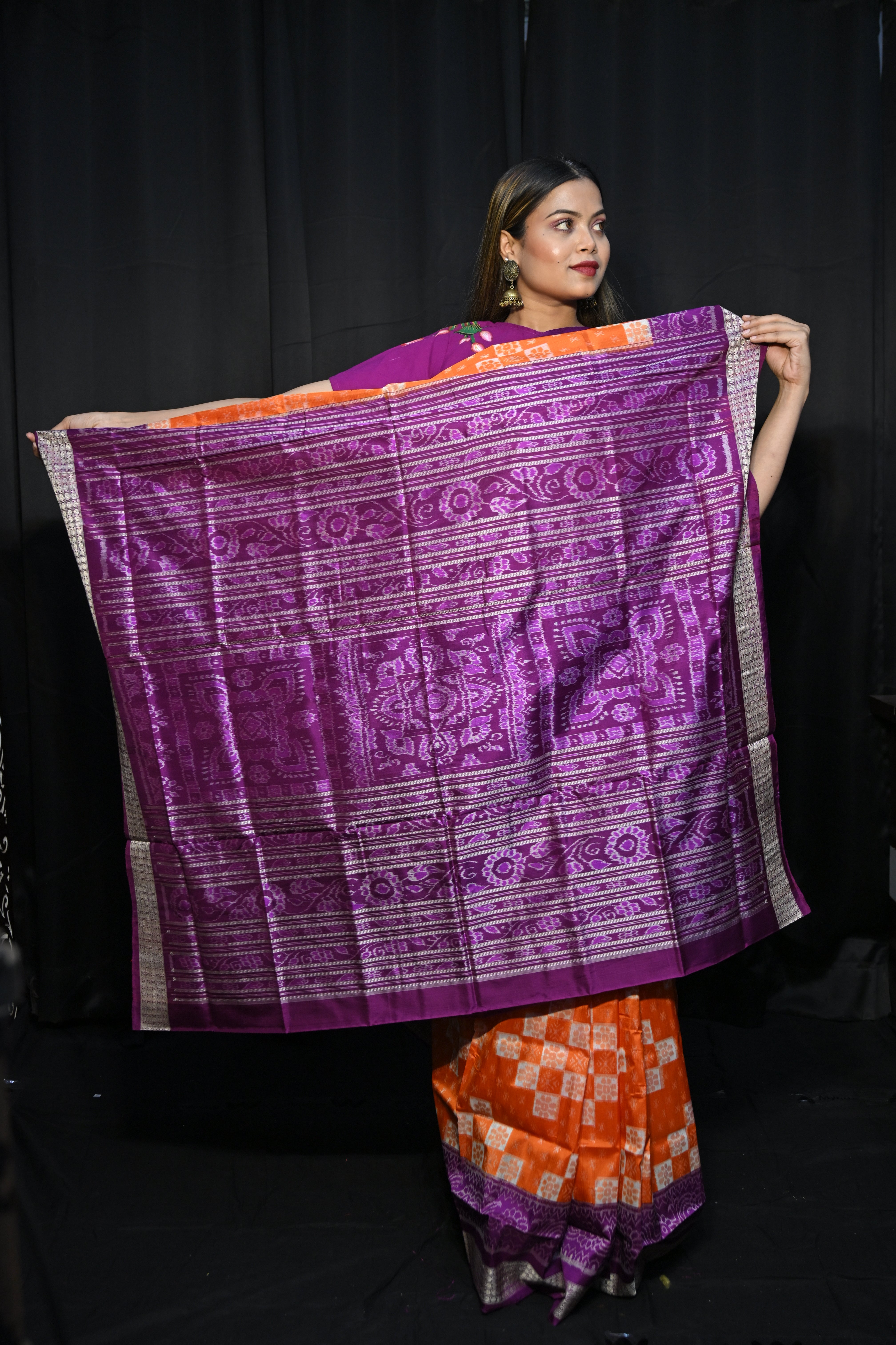 Orange Purple Pasapali Design Sambalpuri Silk Saree