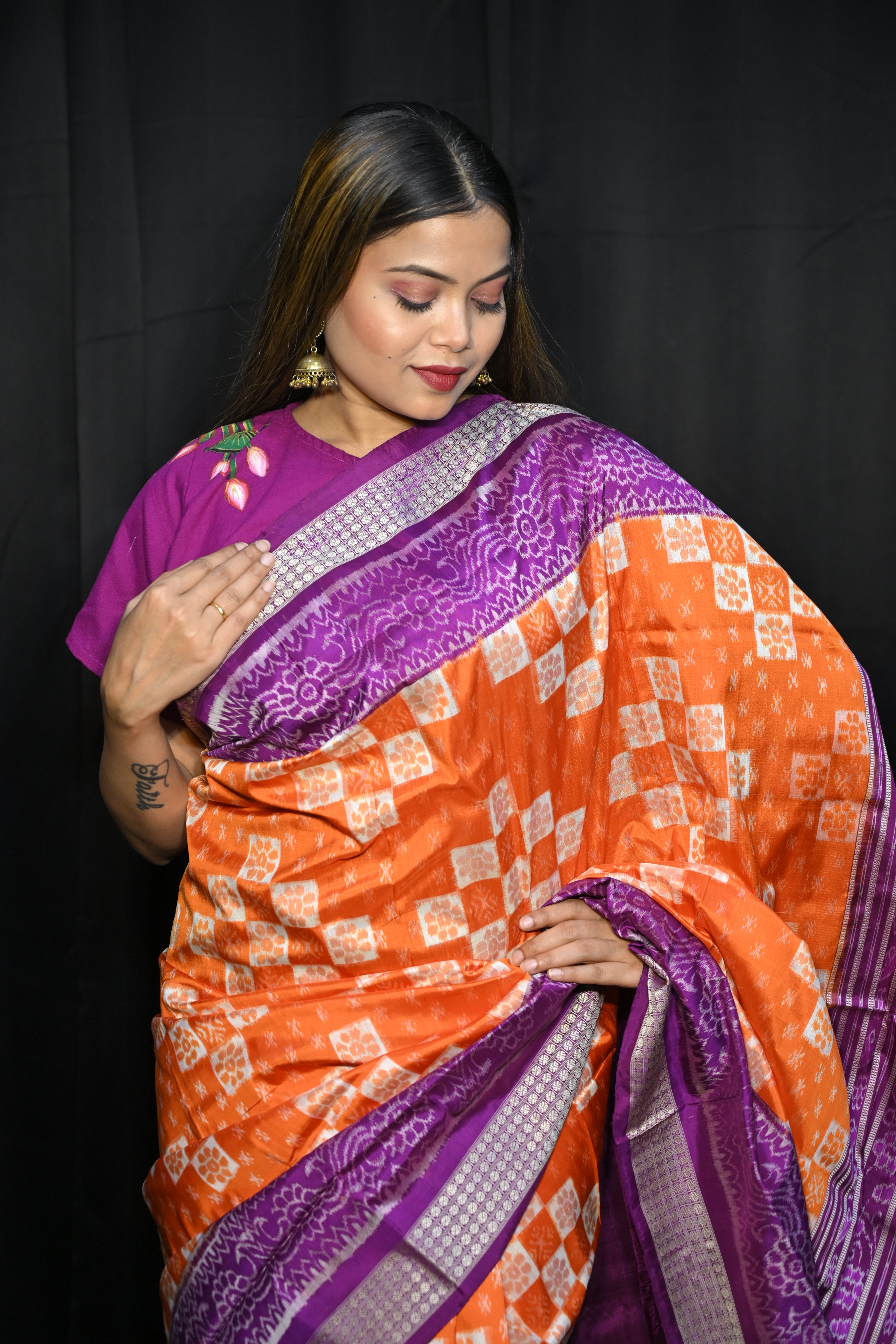 Orange Purple Pasapali Design Sambalpuri Silk Saree