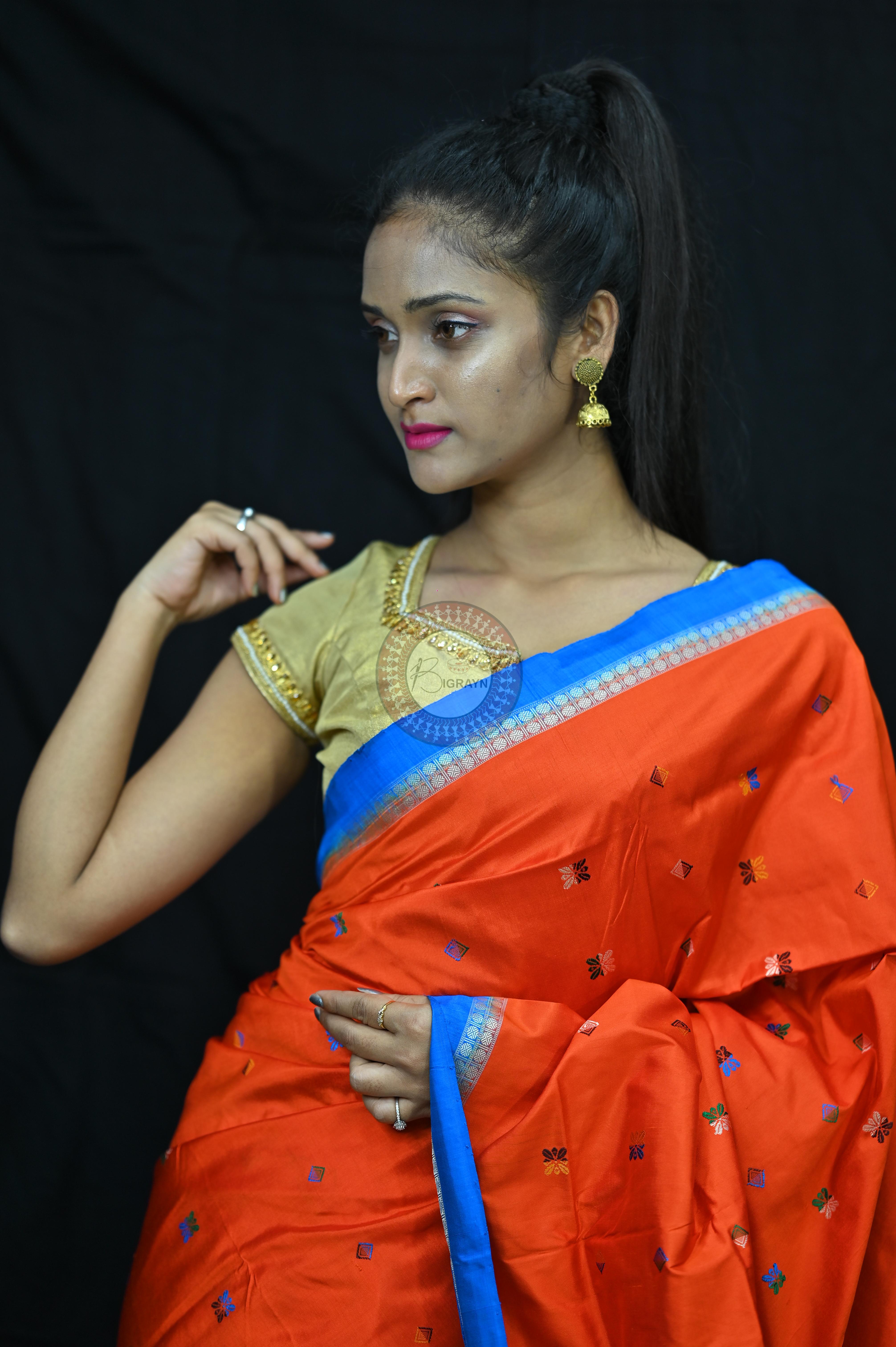 Orange Sky creame Teracota Bomkai Silk Saree