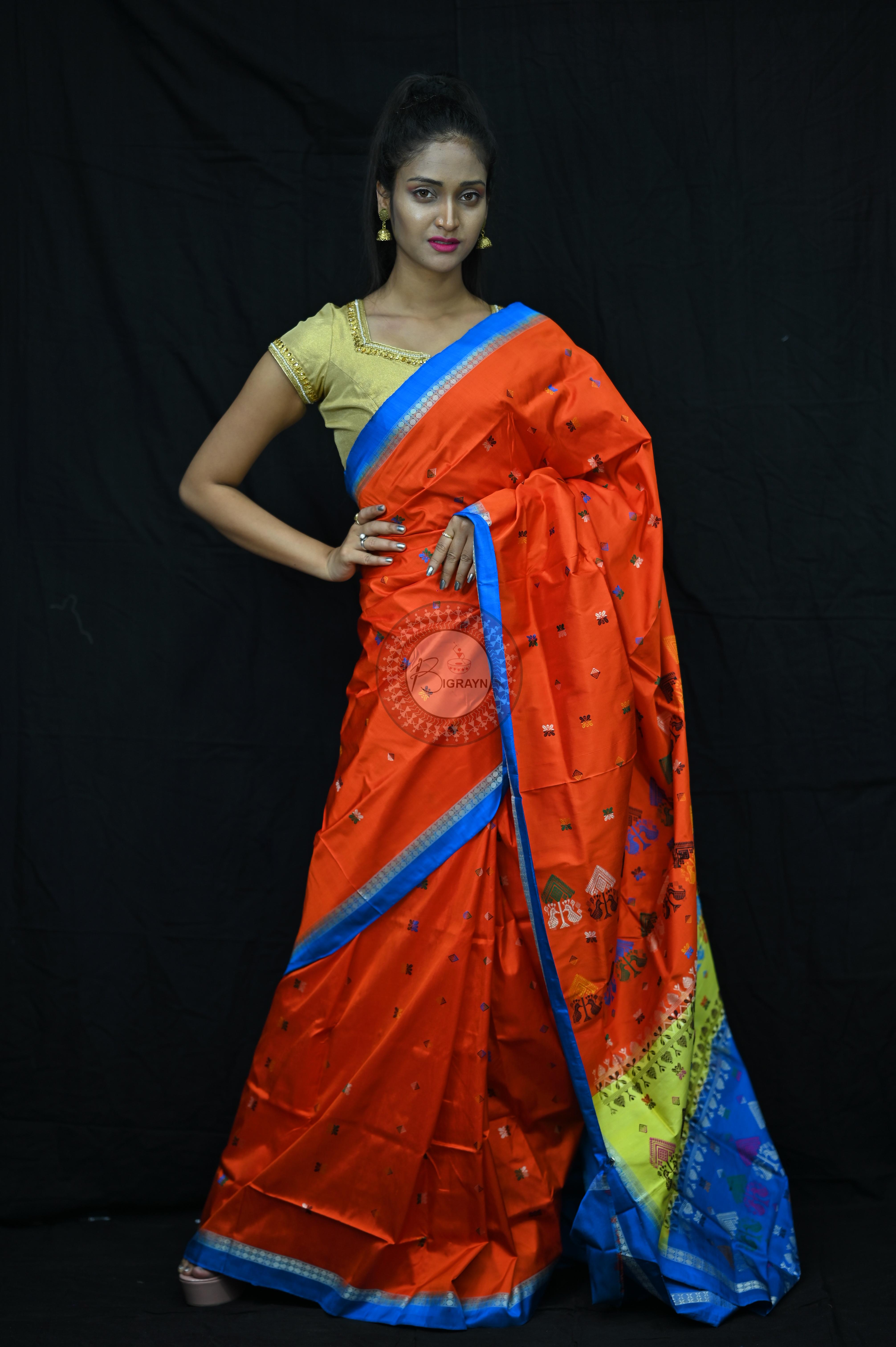 Orange Sky creame Teracota Bomkai Silk Saree