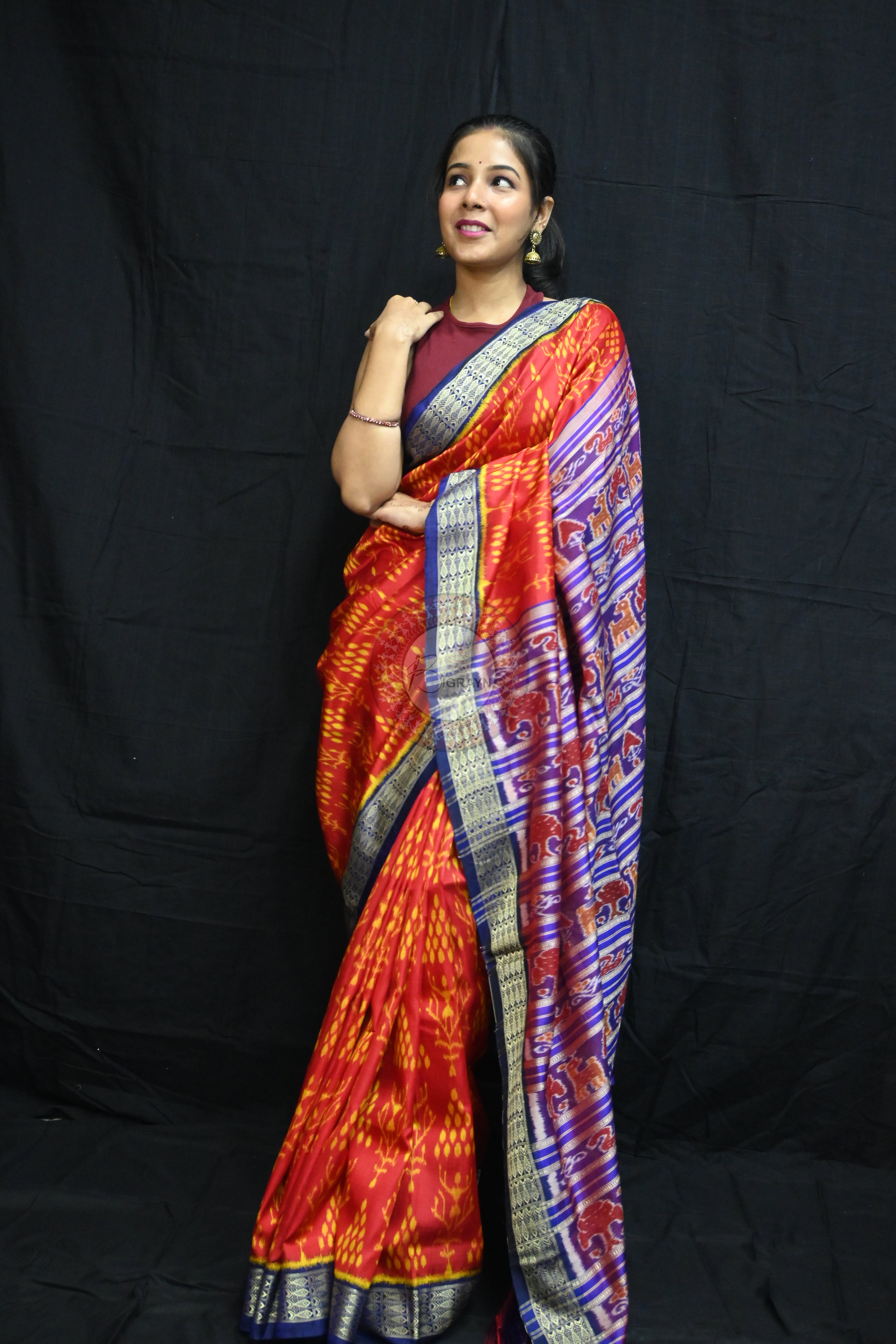 Red Blue Fish Border Tribal Chitta Mulberry Silk Saree