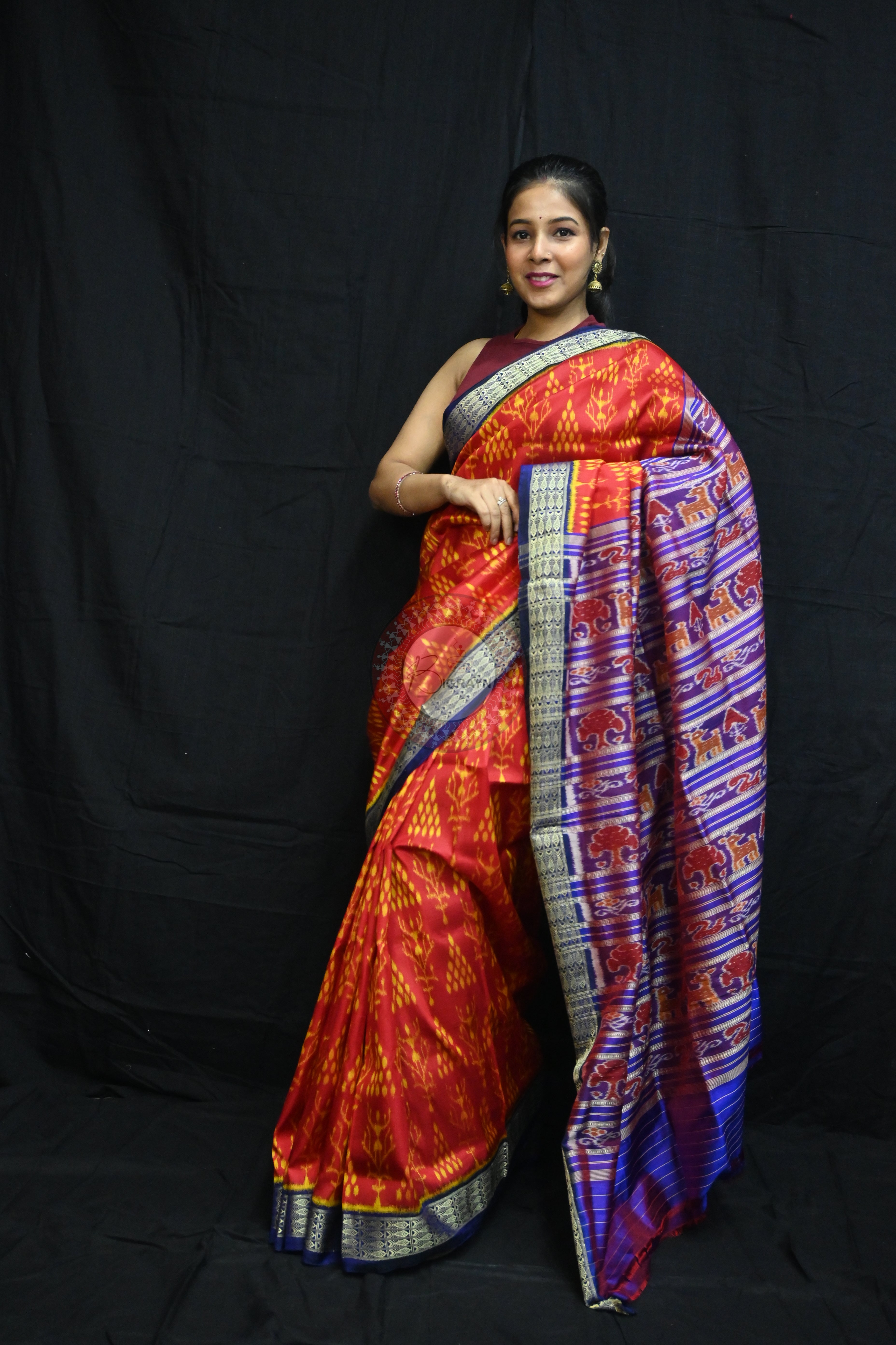 Red Blue Fish Border Tribal Chitta Mulberry Silk Saree