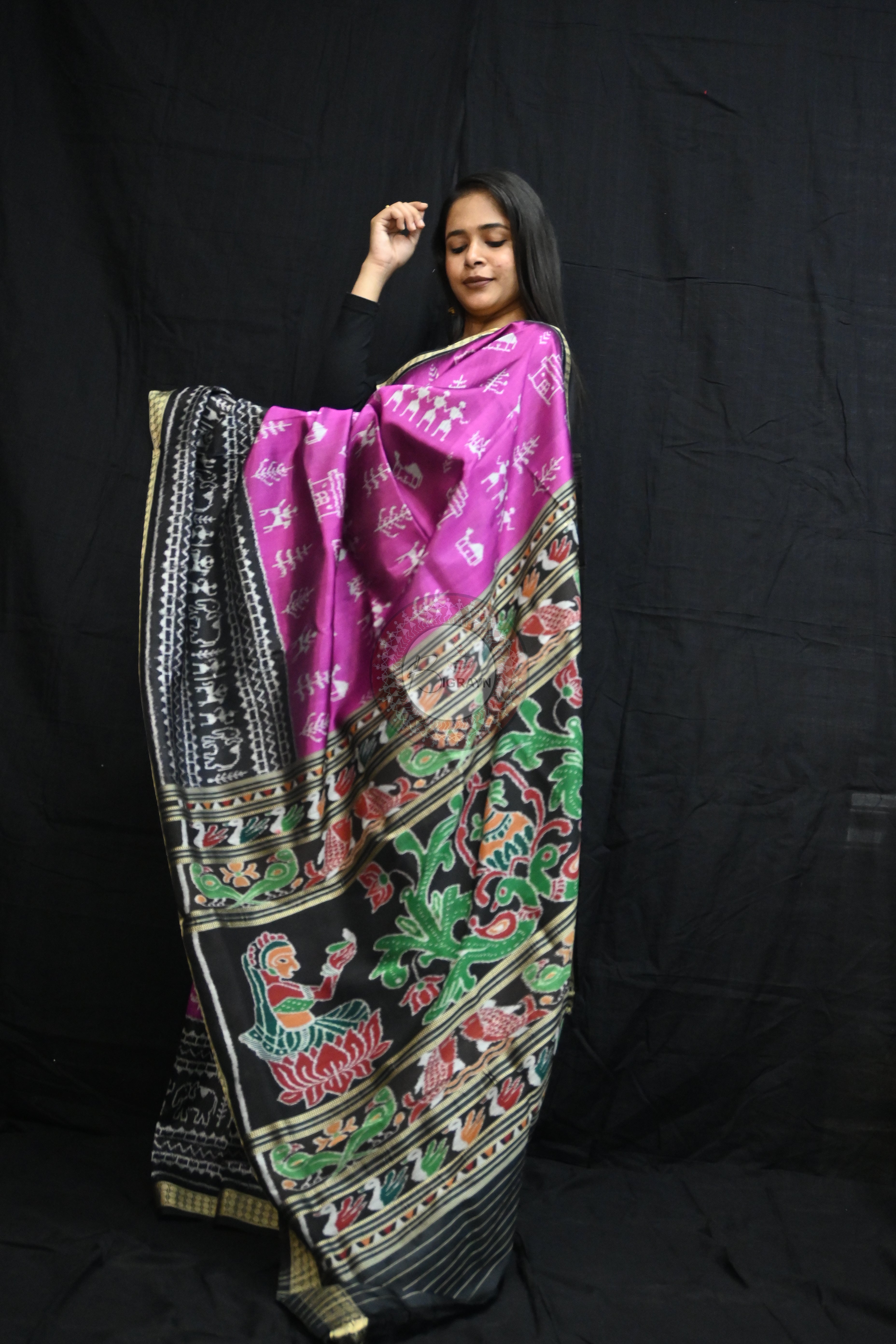 Purple Black Tribal House Scot Mulberry Silk Saree