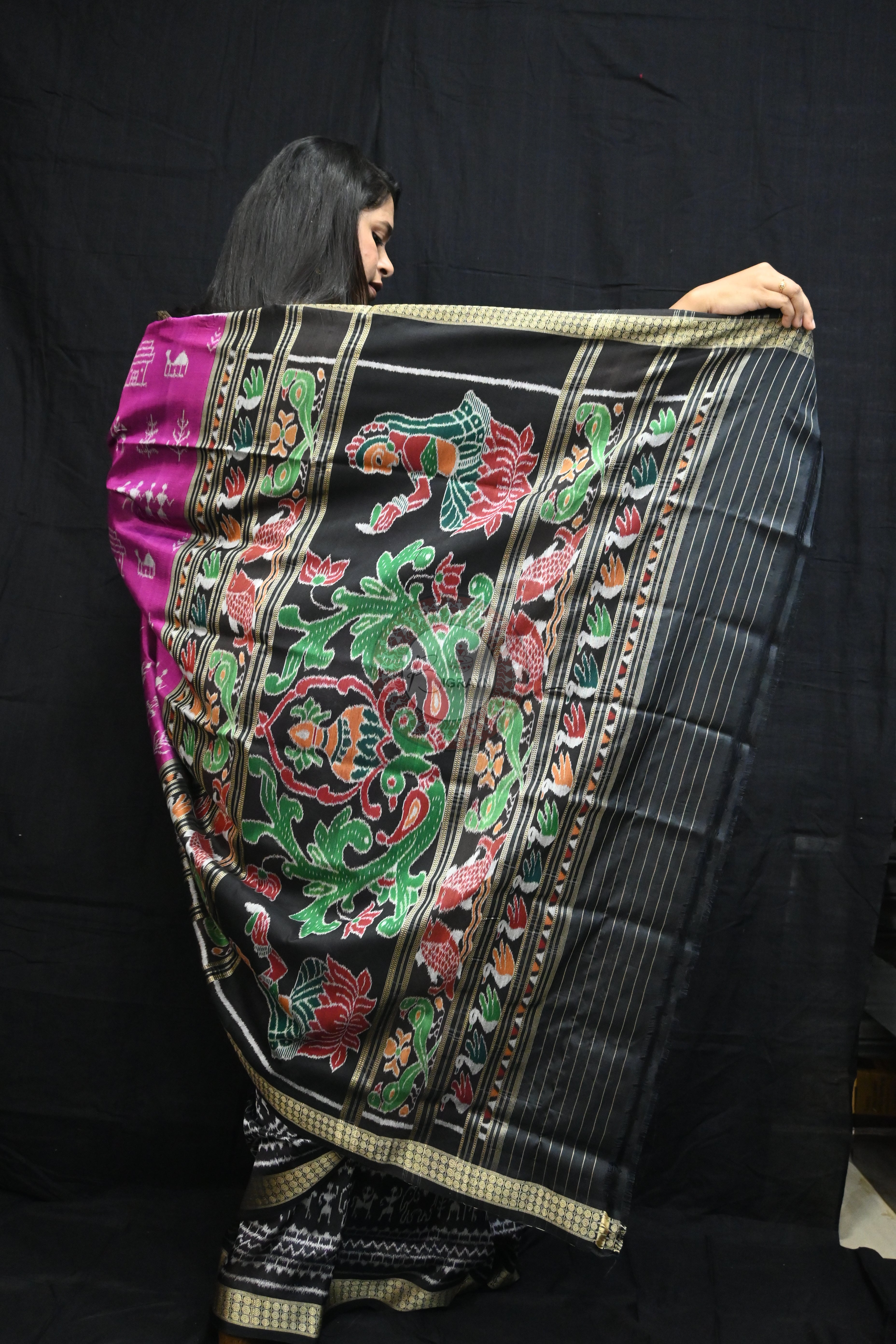 Purple Black Tribal House Scot Mulberry Silk Saree