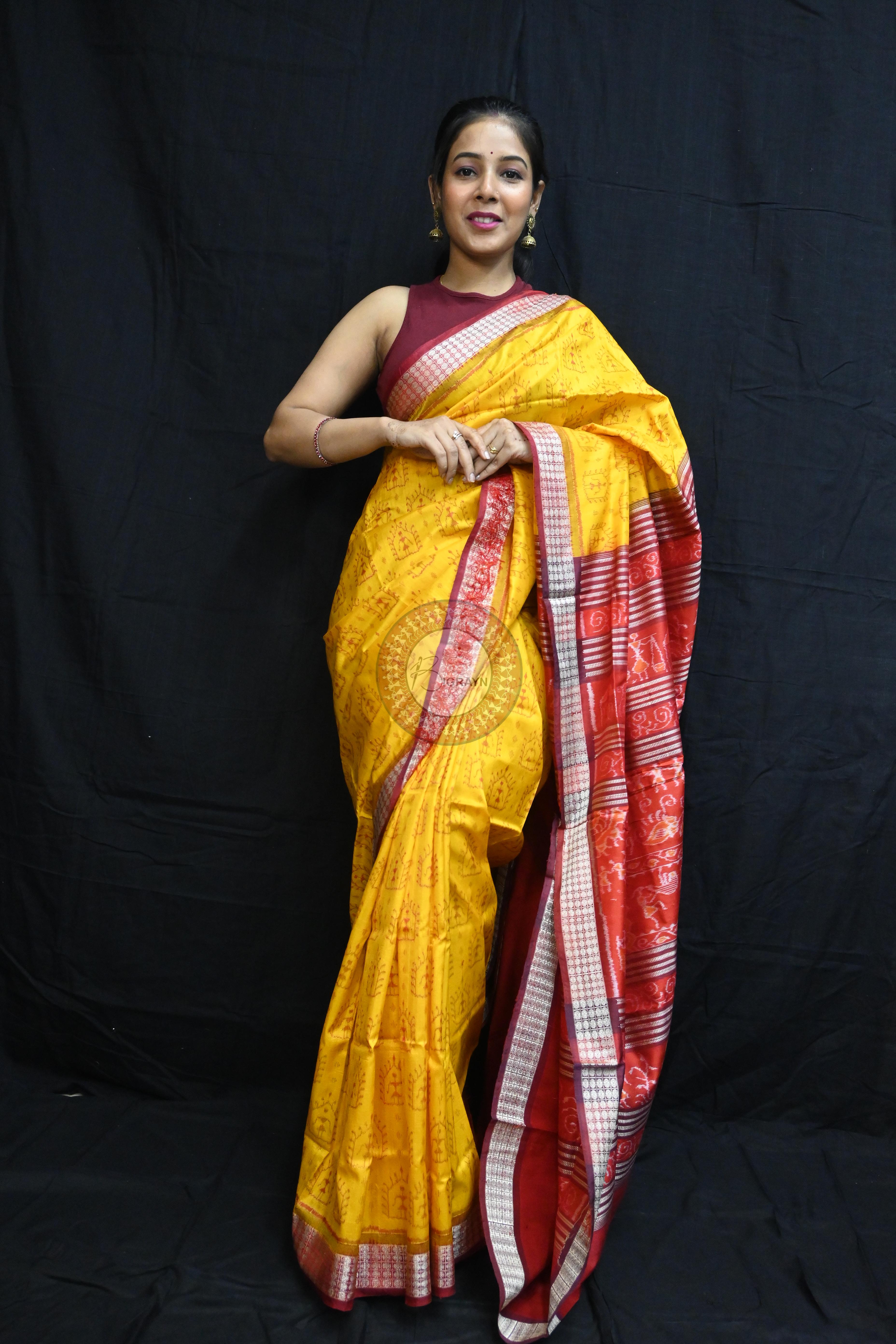 Yellow Maroon Tribal House Sambalpuri Silk Saree