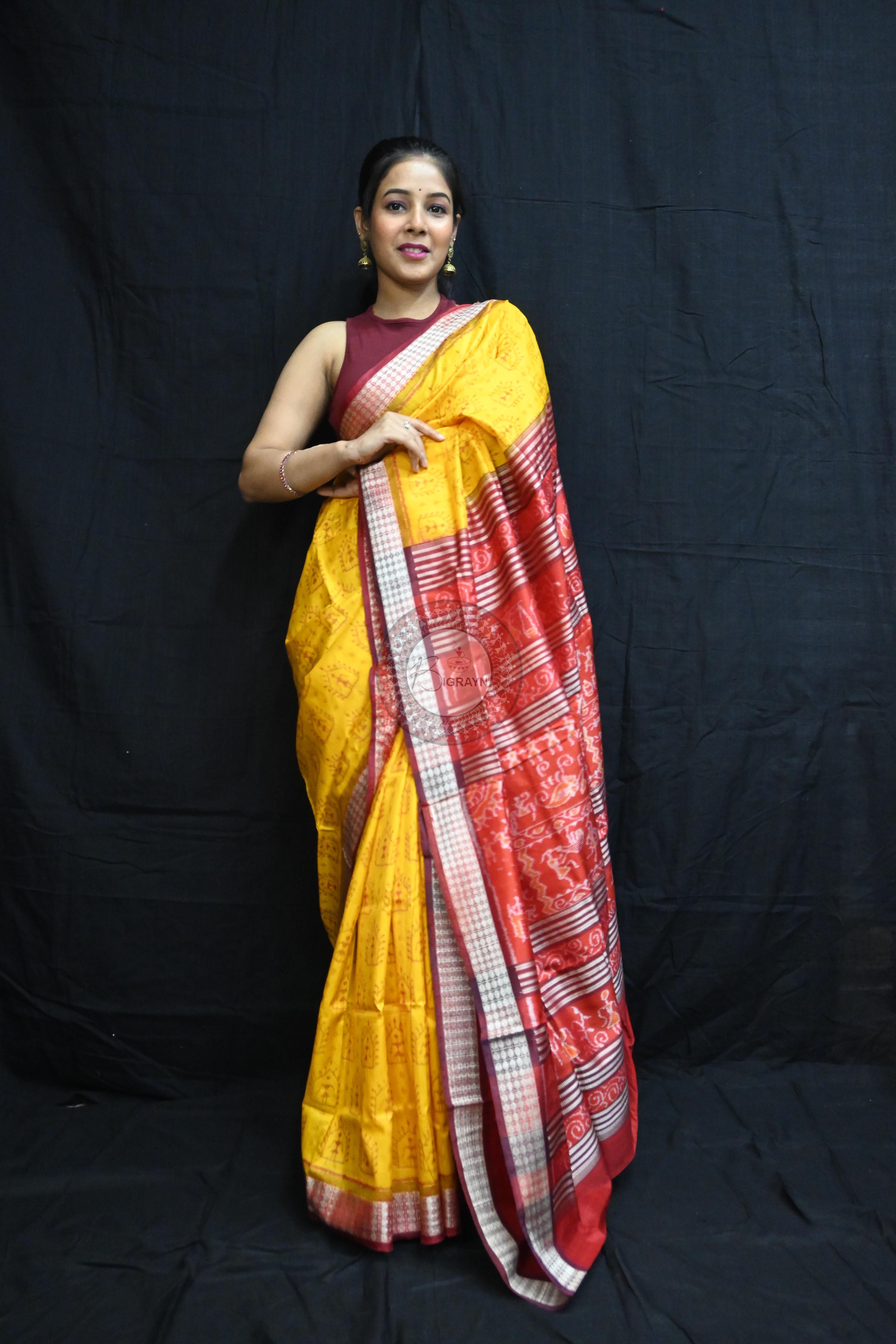 Yellow Maroon Tribal House Sambalpuri Silk Saree