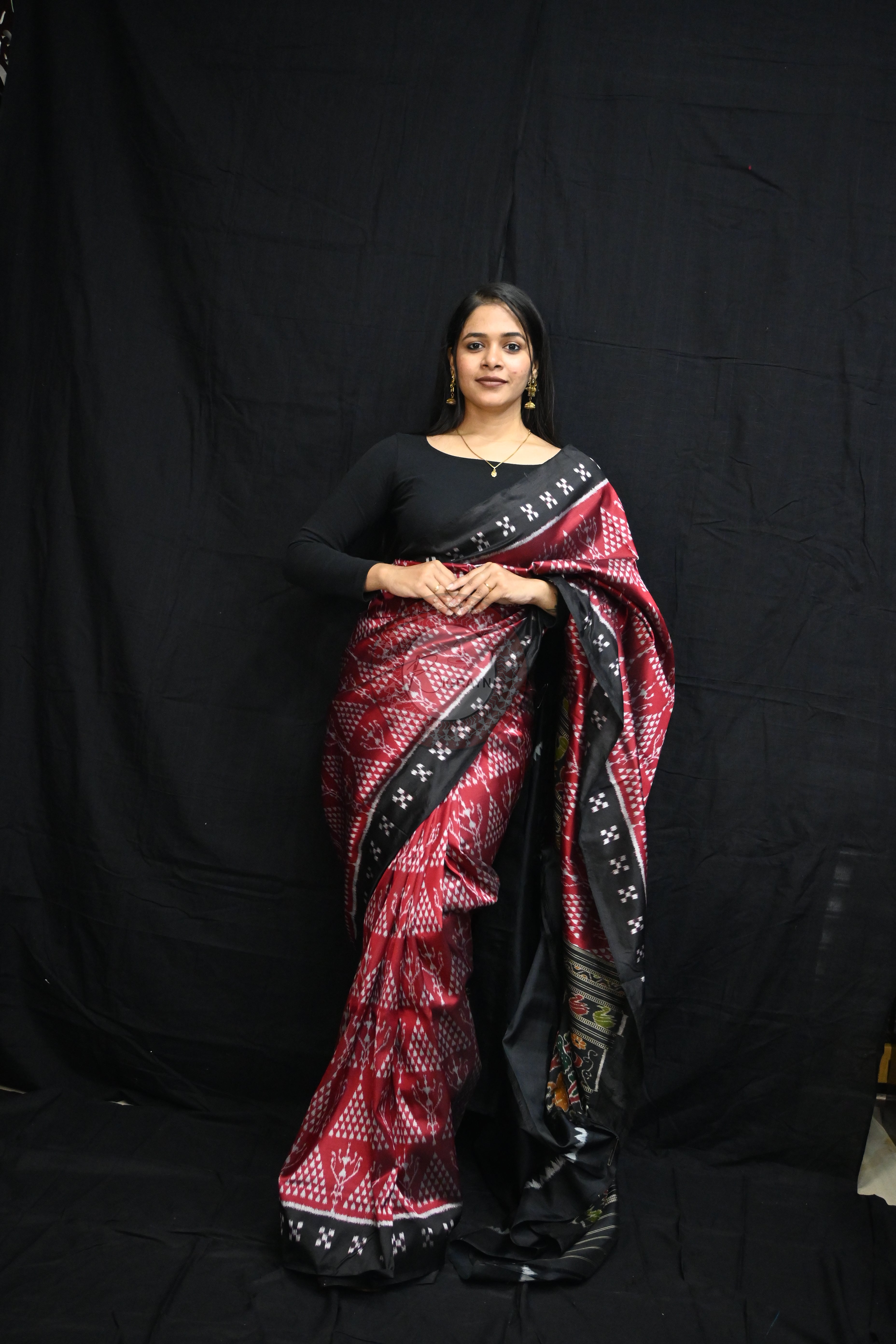 Maroon Black Tribal Chitta Mulberry Silk Saree