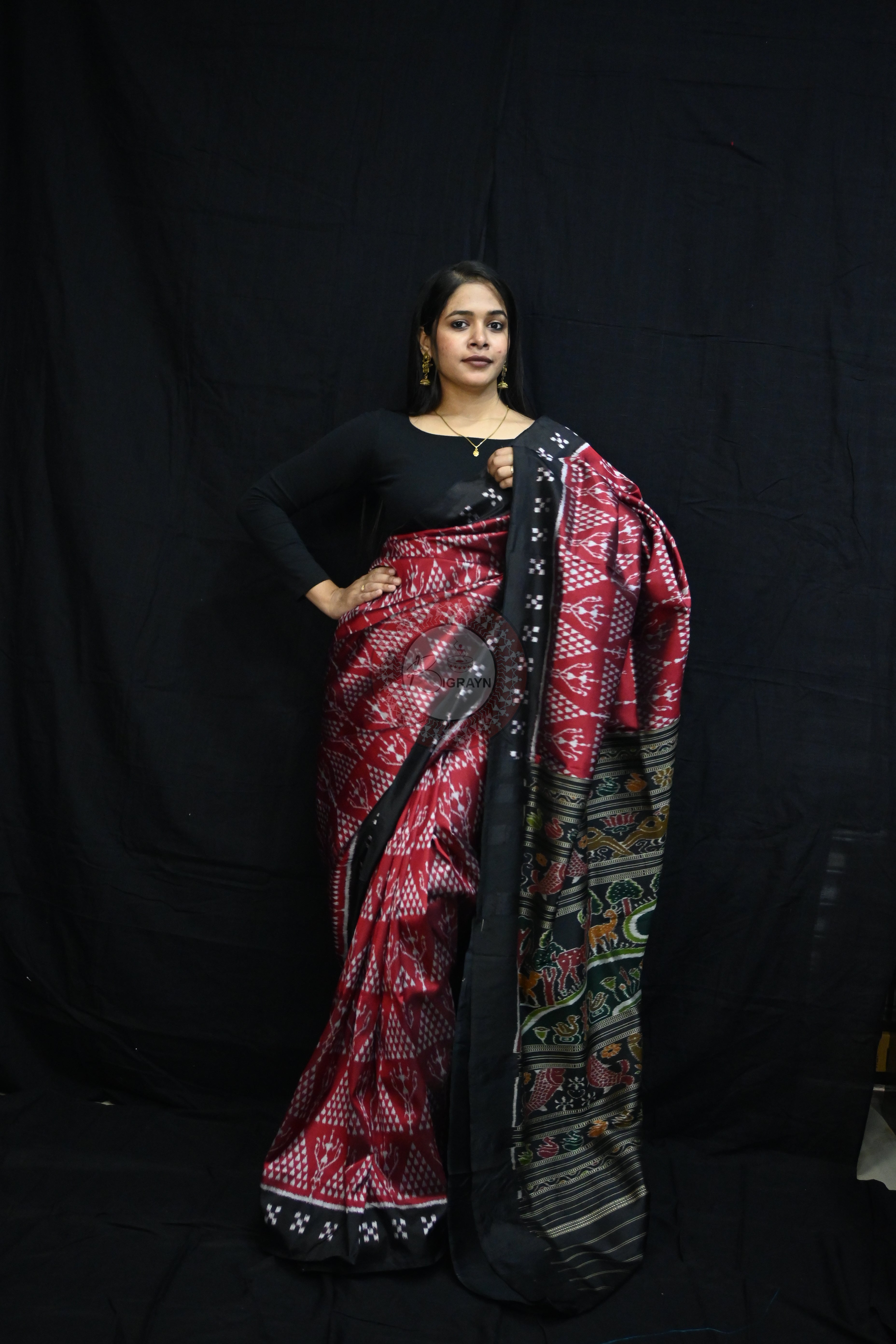 Maroon Black Tribal Chitta Mulberry Silk Saree