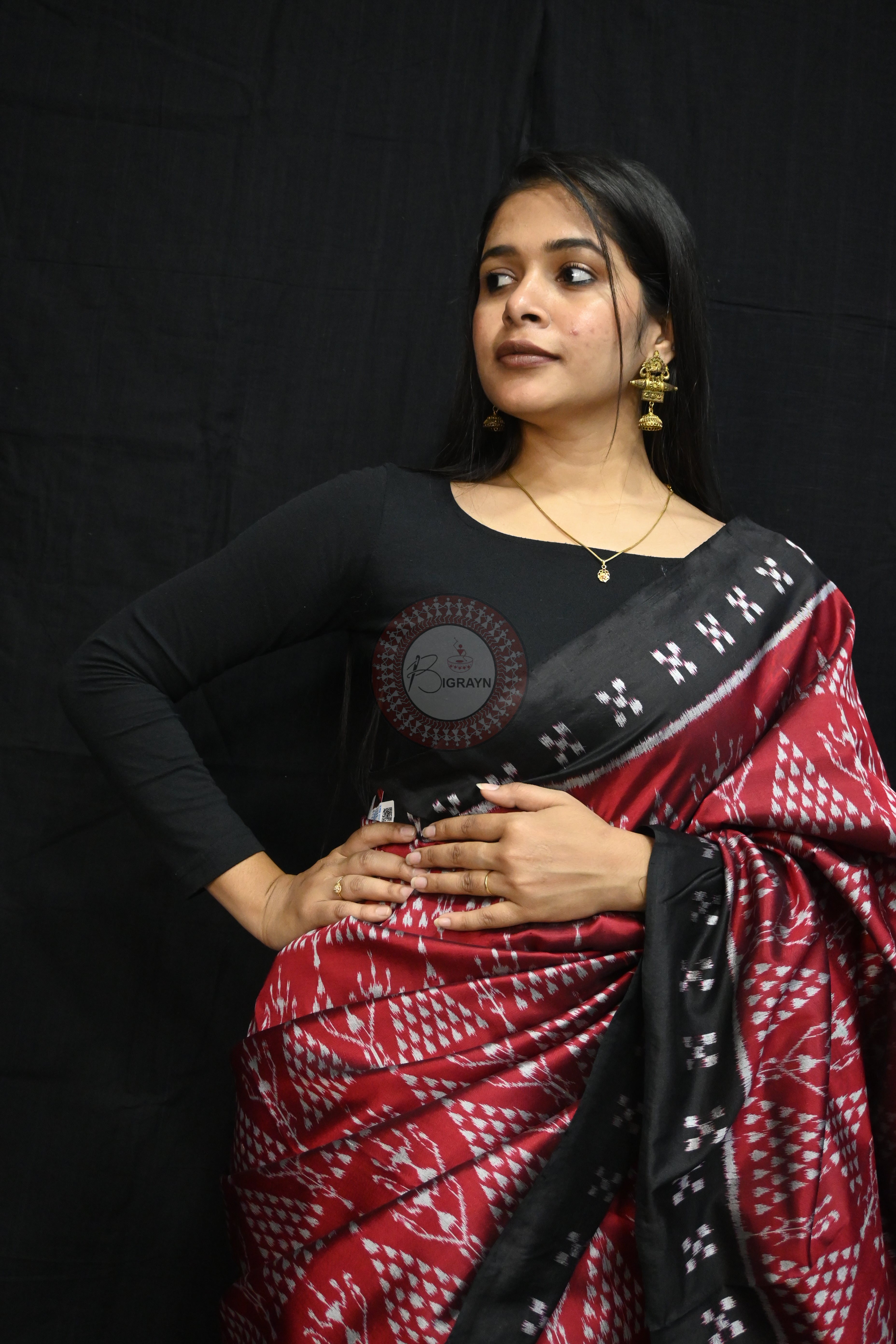 Maroon Black Tribal Chitta Mulberry Silk Saree
