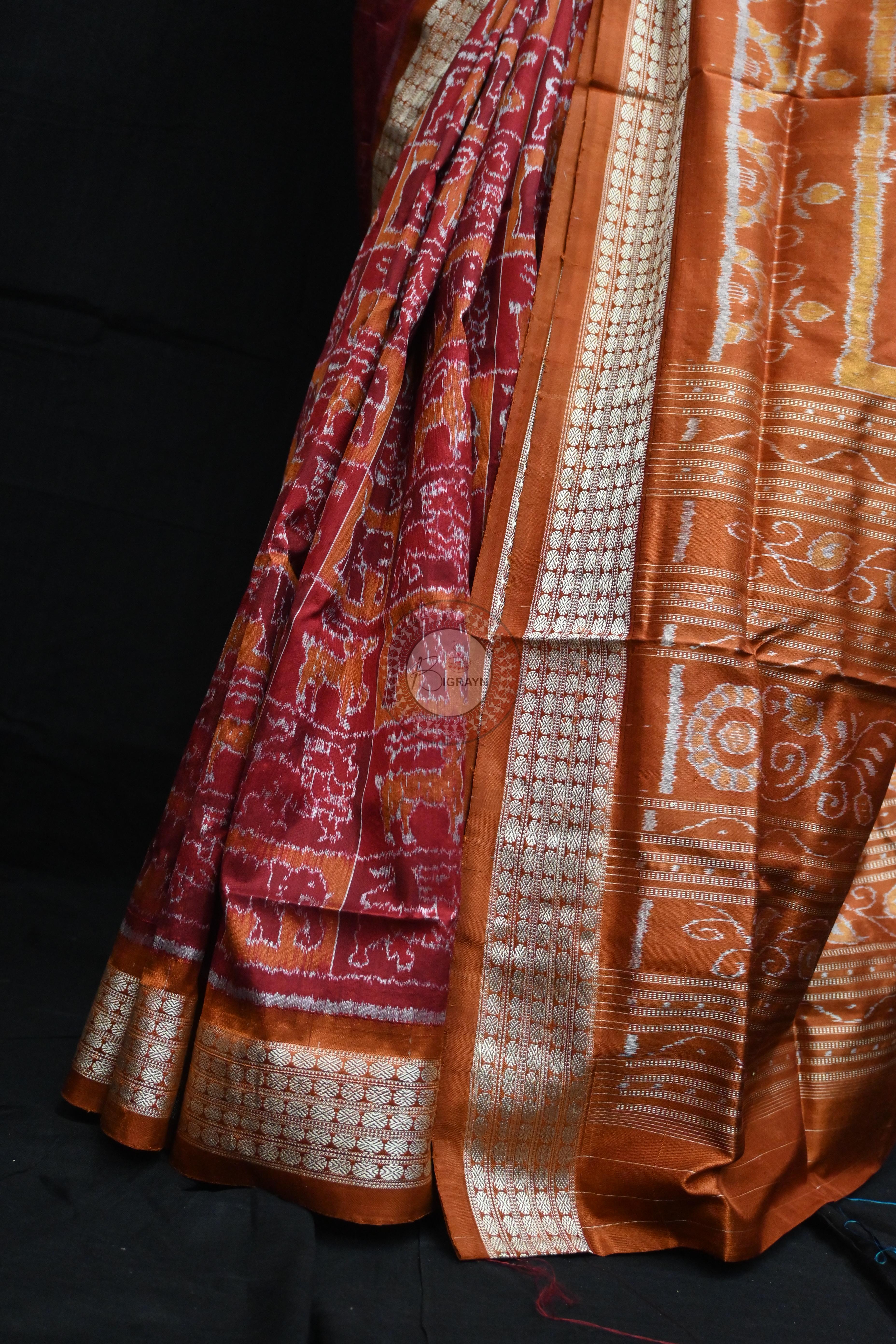 Maroon Rust Animal Bandha Sambalpuri Silk Saree