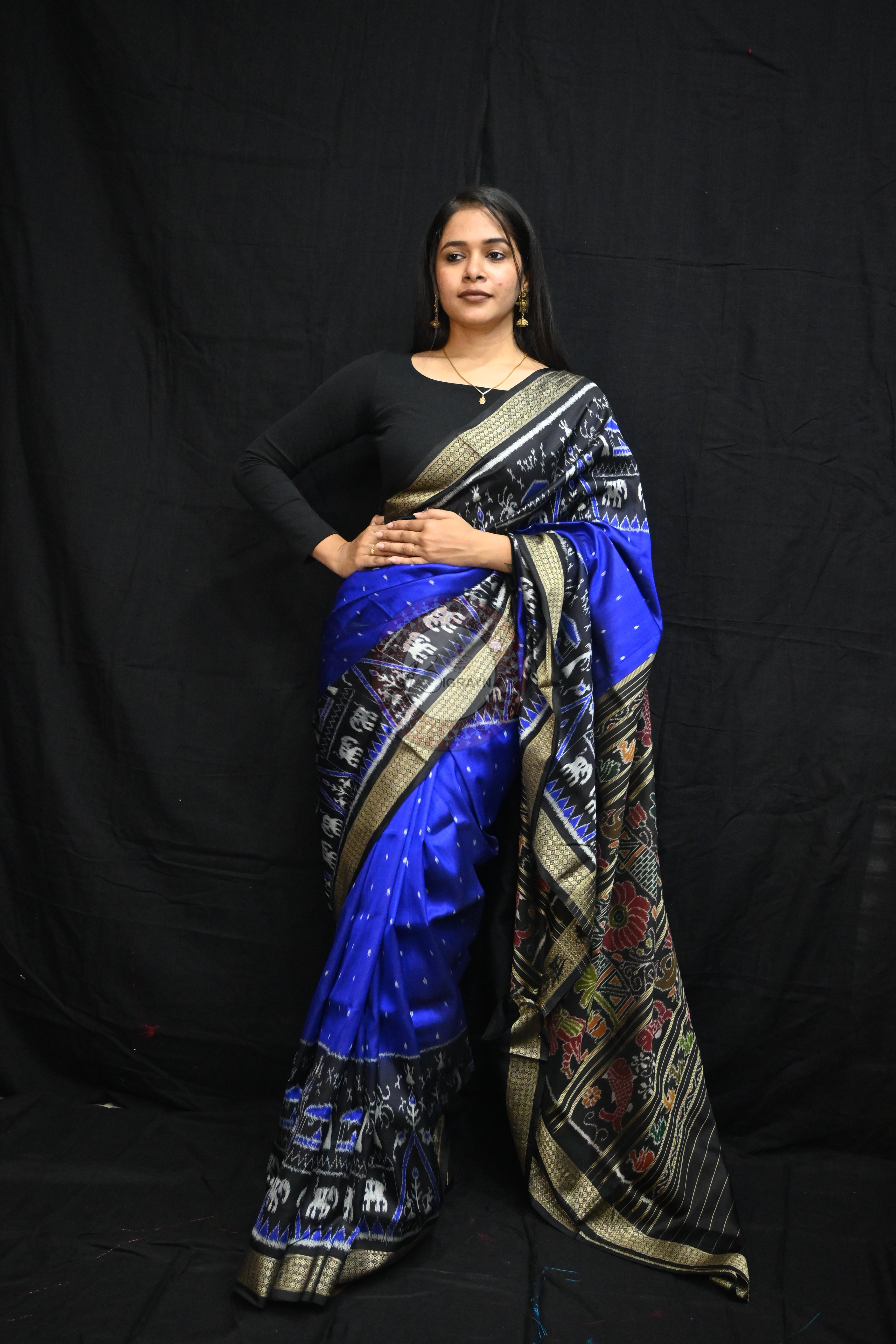 Blue Black Tribal House Scot Mulberry Silk Saree