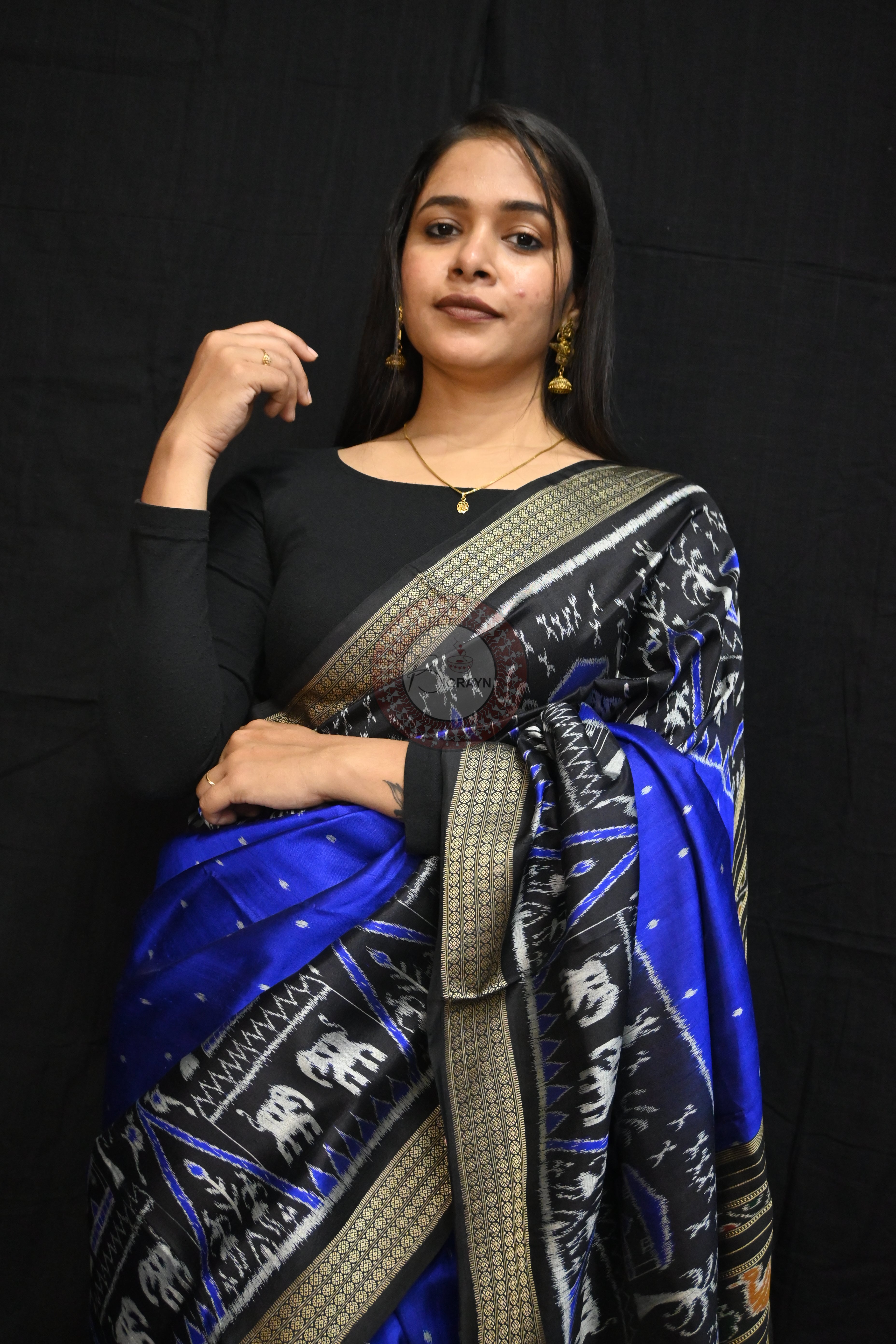 Blue Black Tribal House Scot Mulberry Silk Saree
