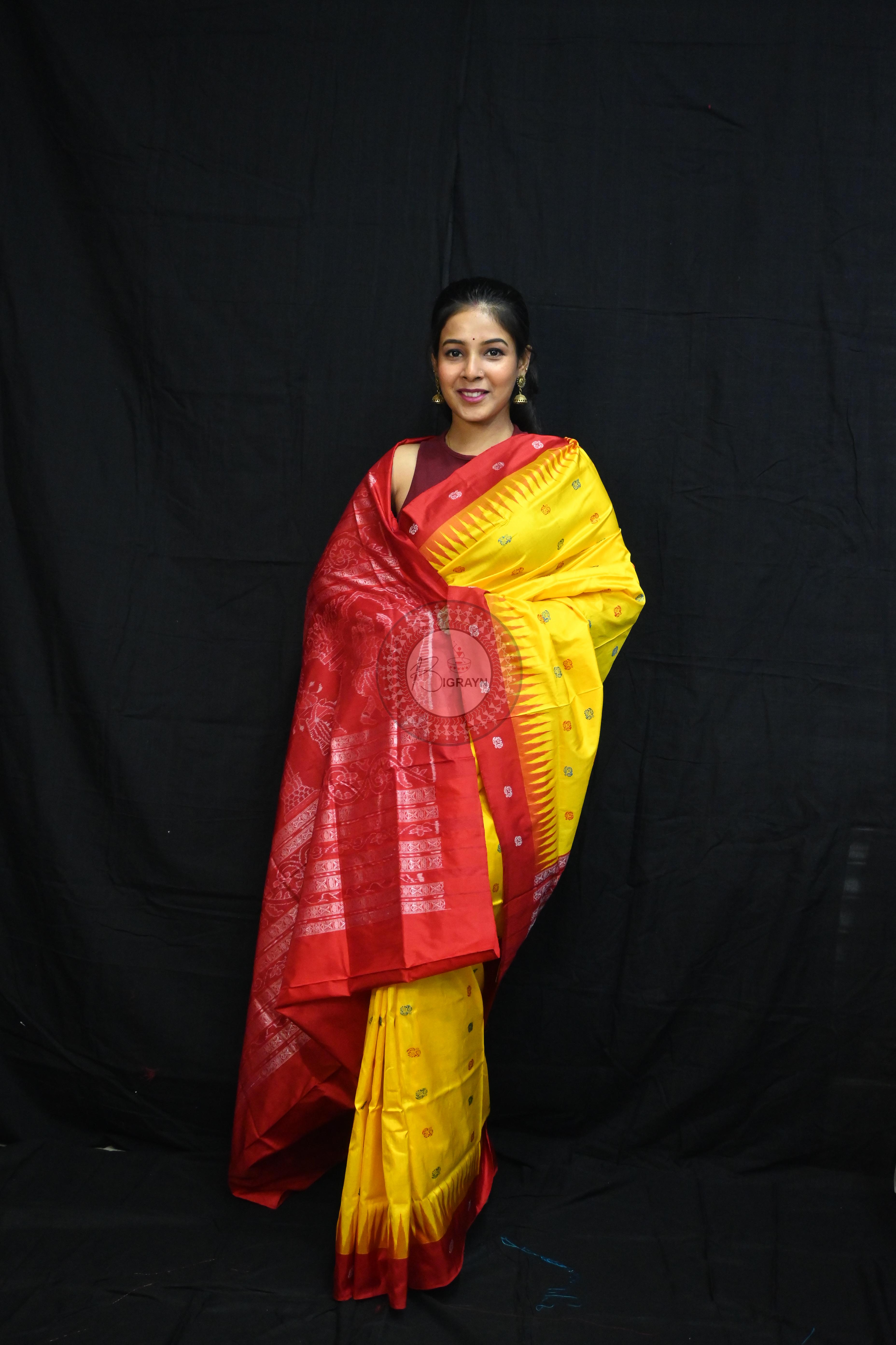 Yellow Red Flowers Bomkai Silk Saree