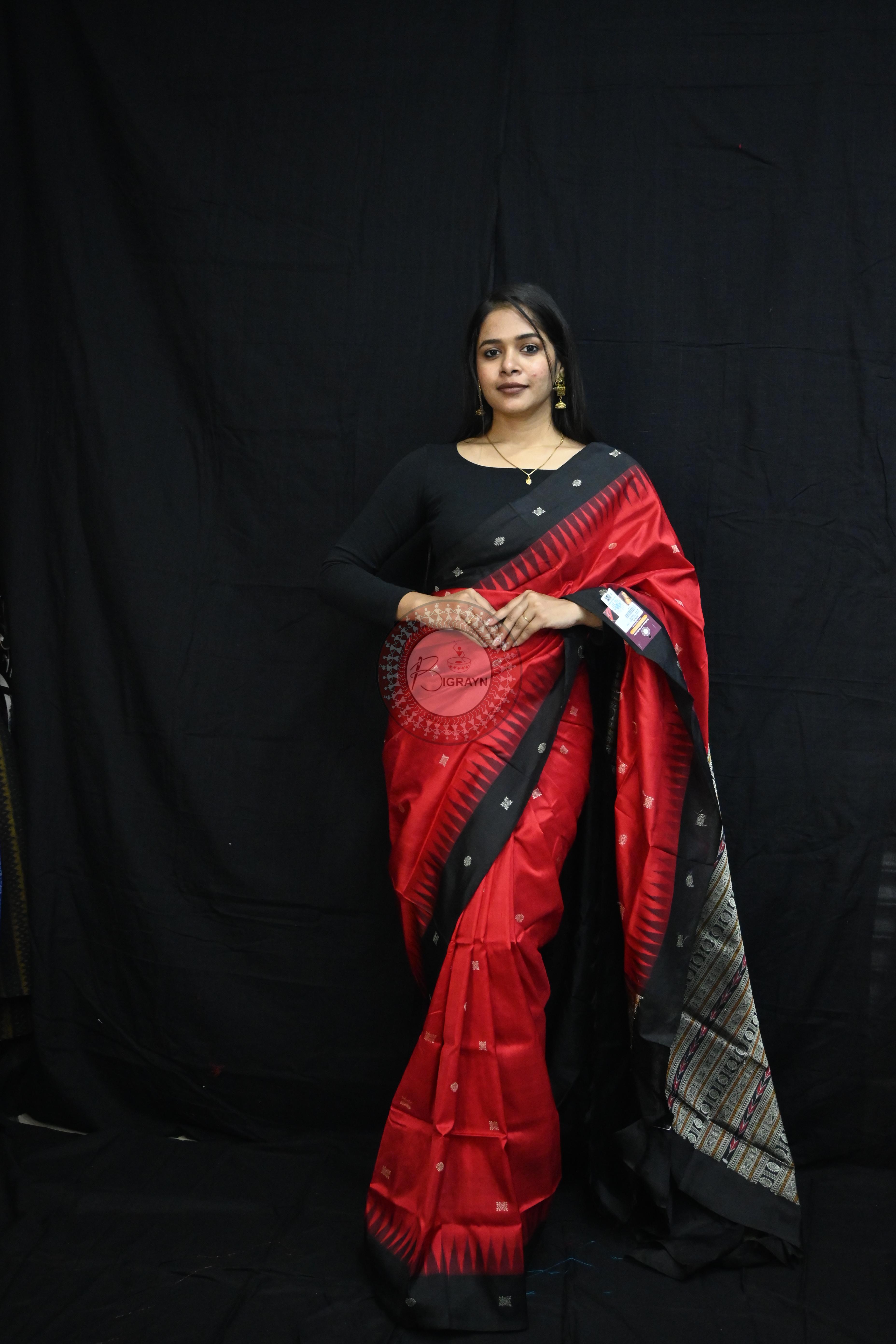 Red Black Flower Bomkai Silk Saree