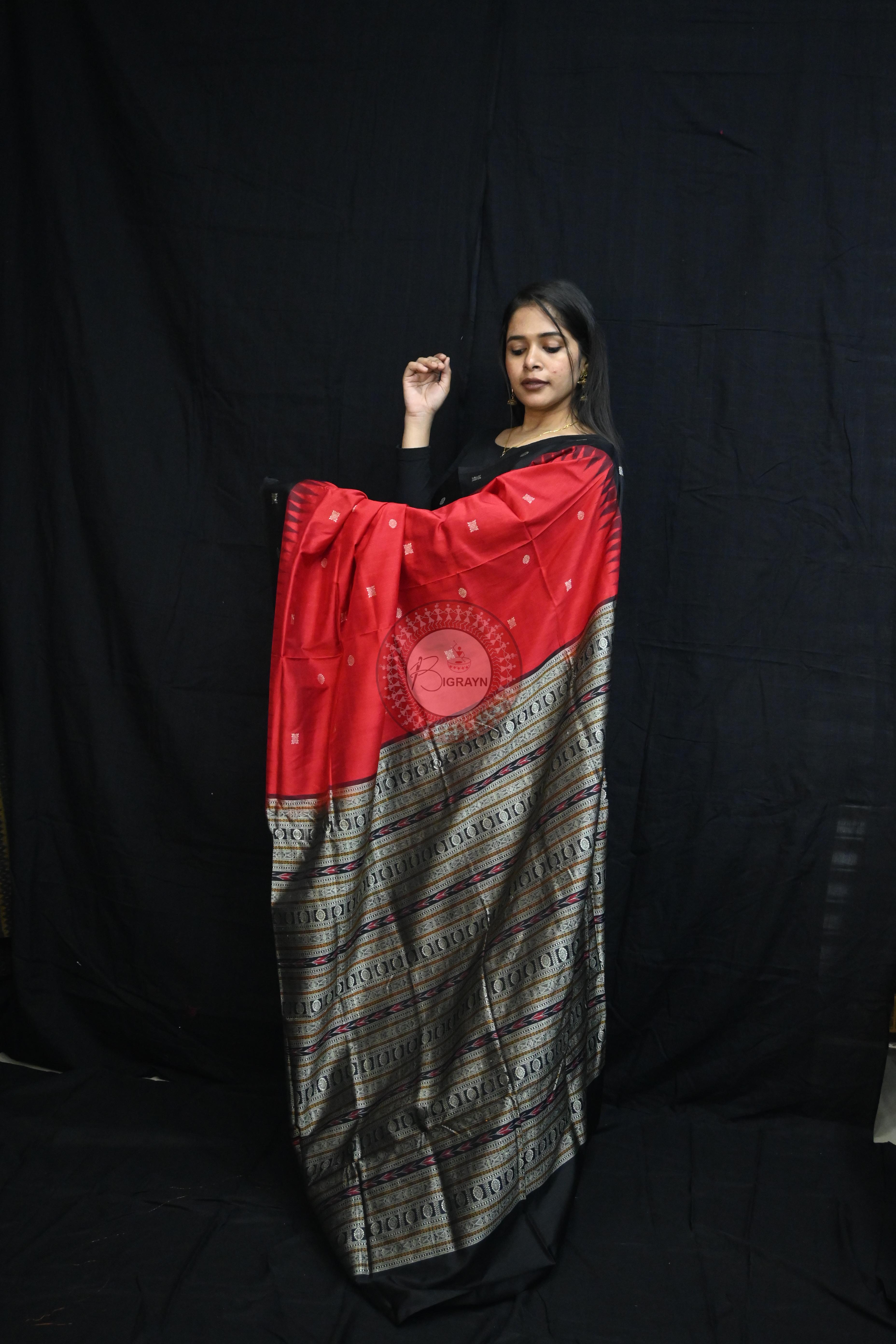 Red Black Flower Bomkai Silk Saree
