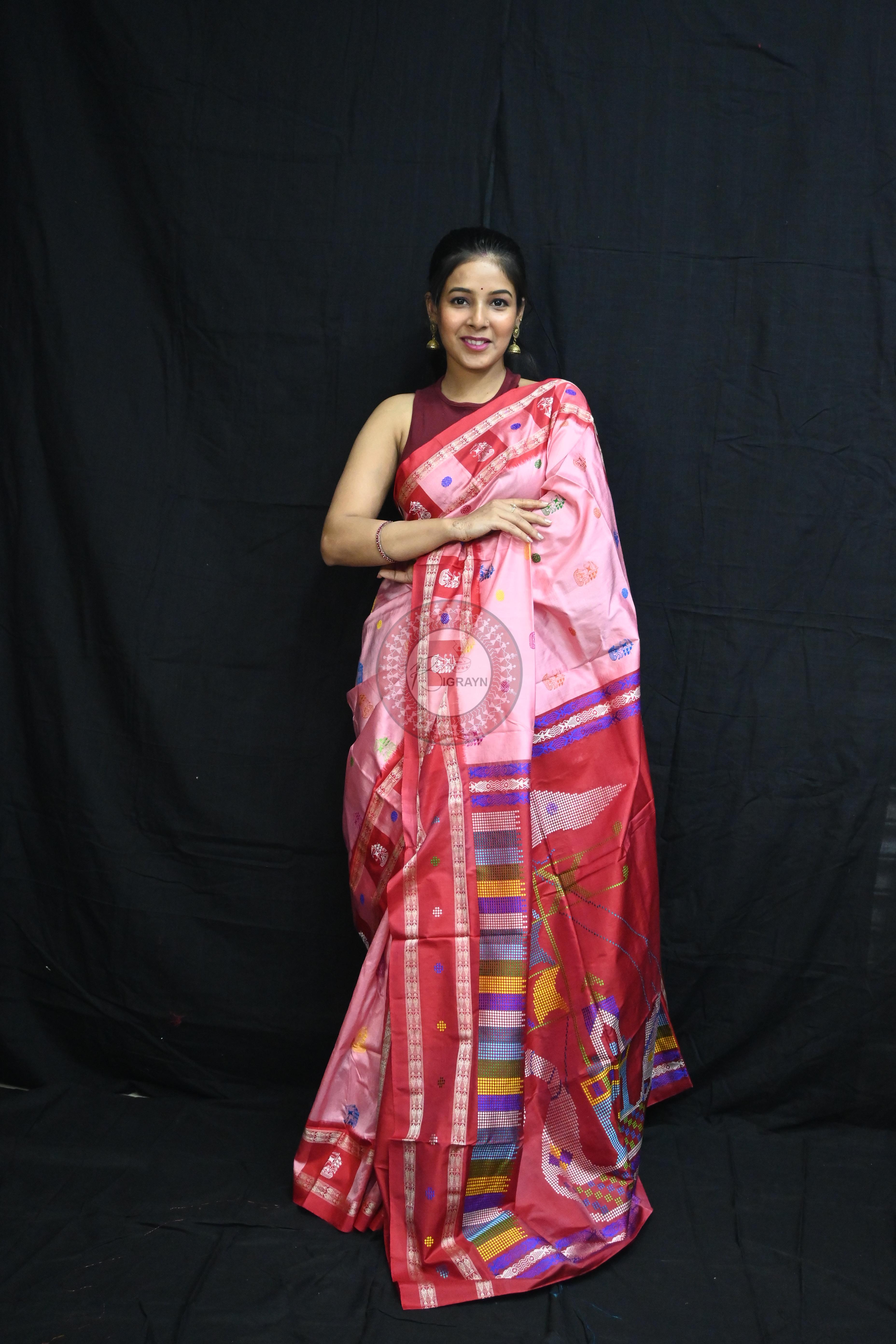Pink Red Boita Bomkai Silk Saree