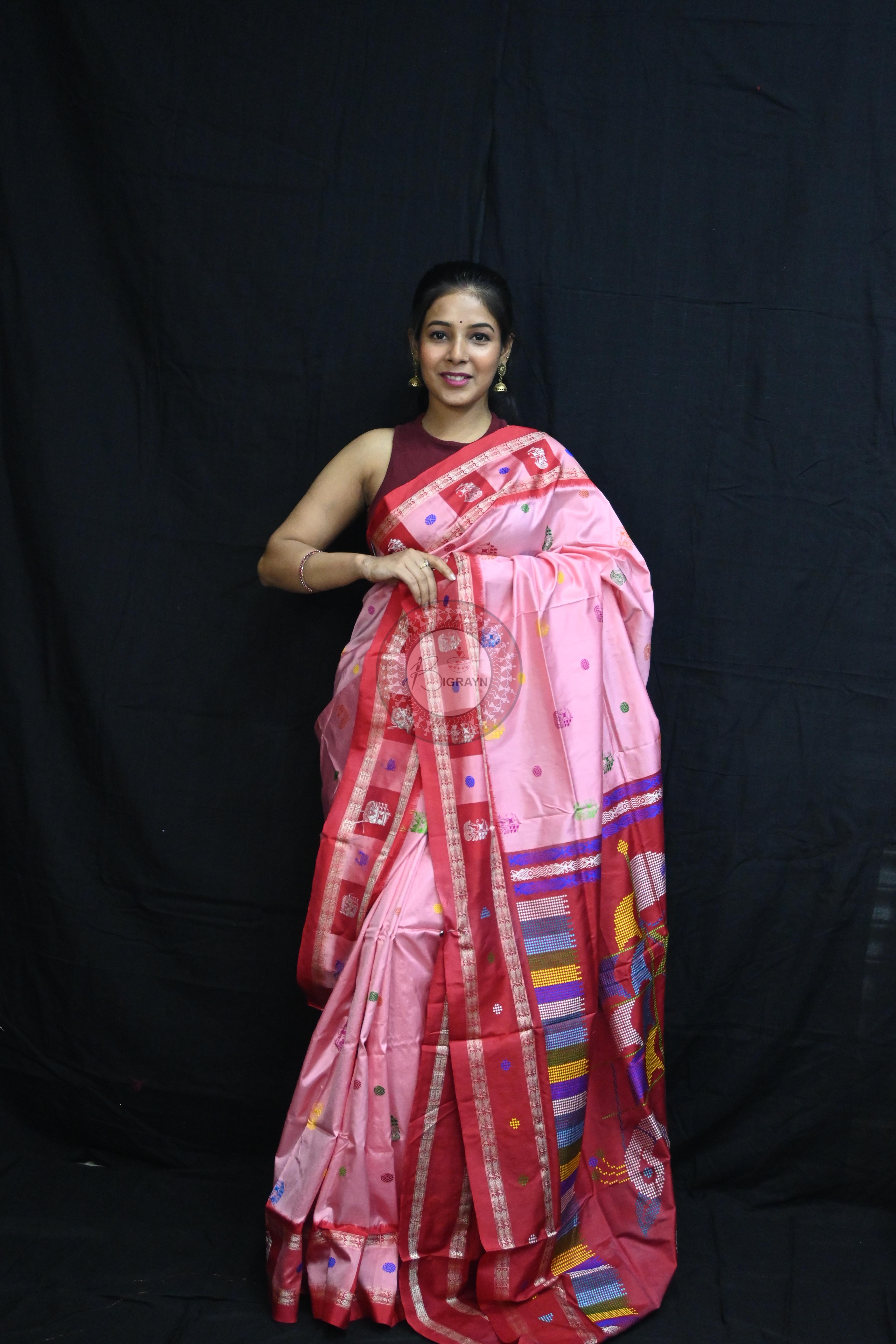Pink Red Boita Bomkai Silk Saree