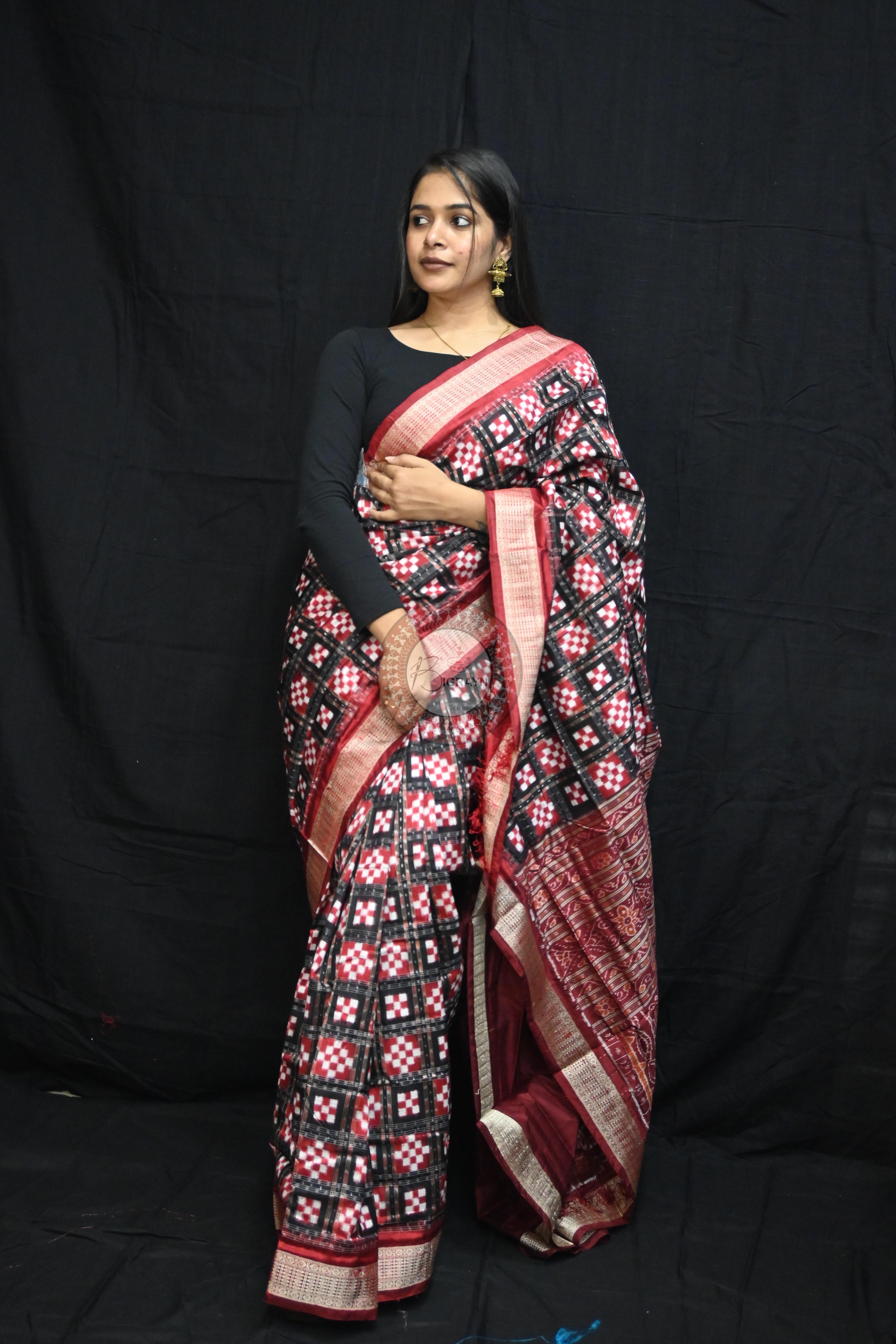Black Maroon Pasapali  Sambalpuri Silk Saree