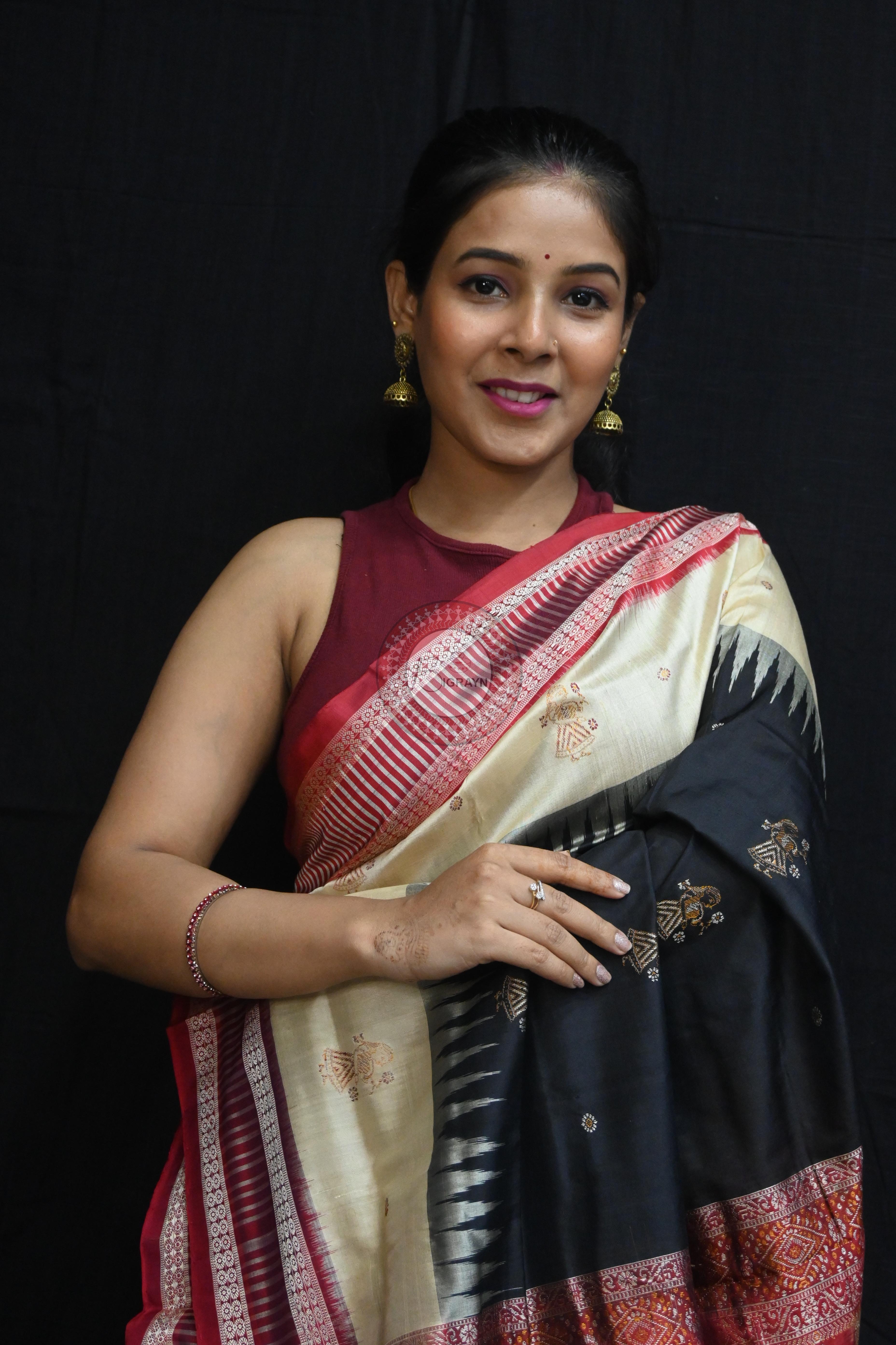 Black Cream Doll Kathifera Bomkai Silk Saree