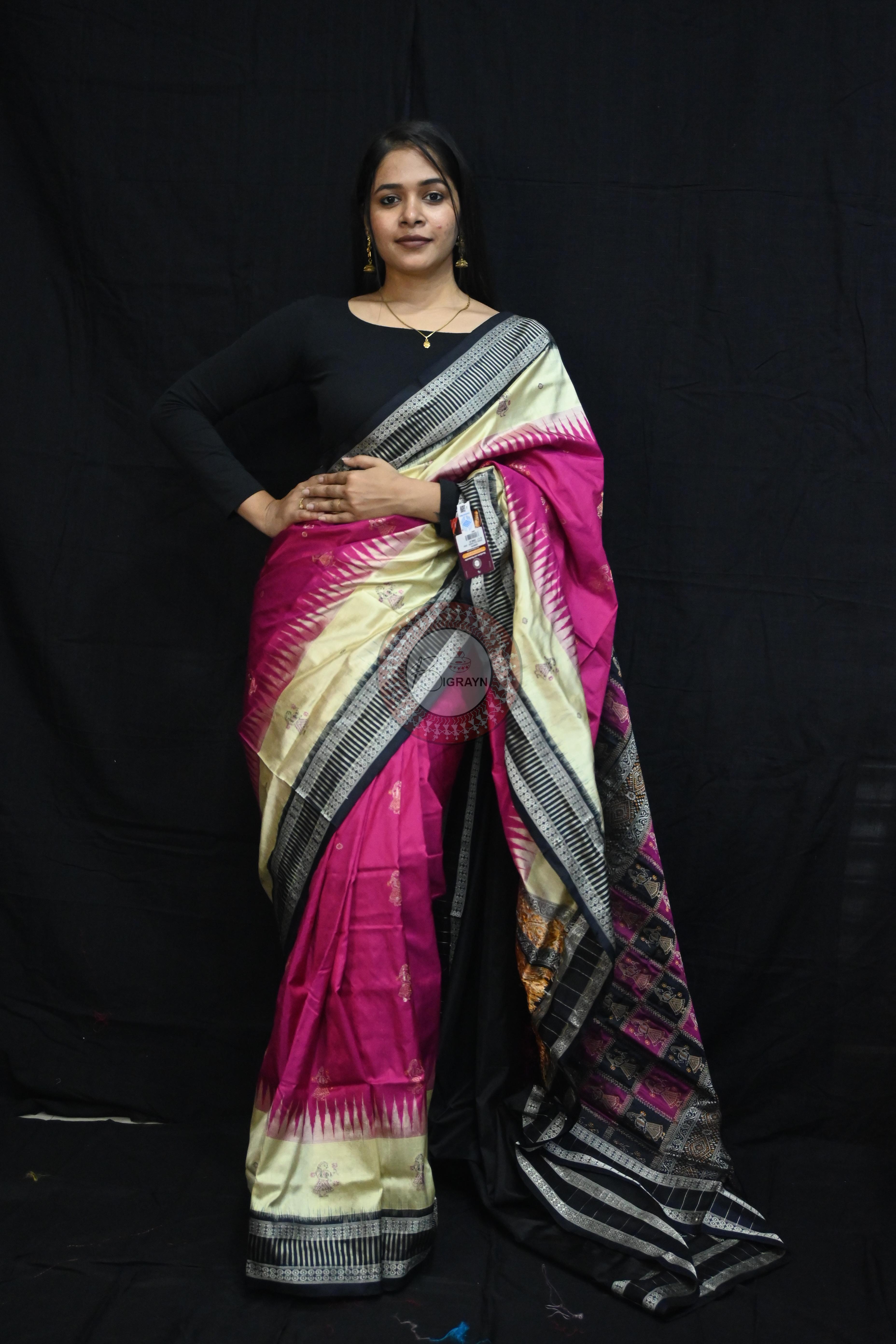 Magenta Cream Doll Kathifera Bomkai Silk Saree