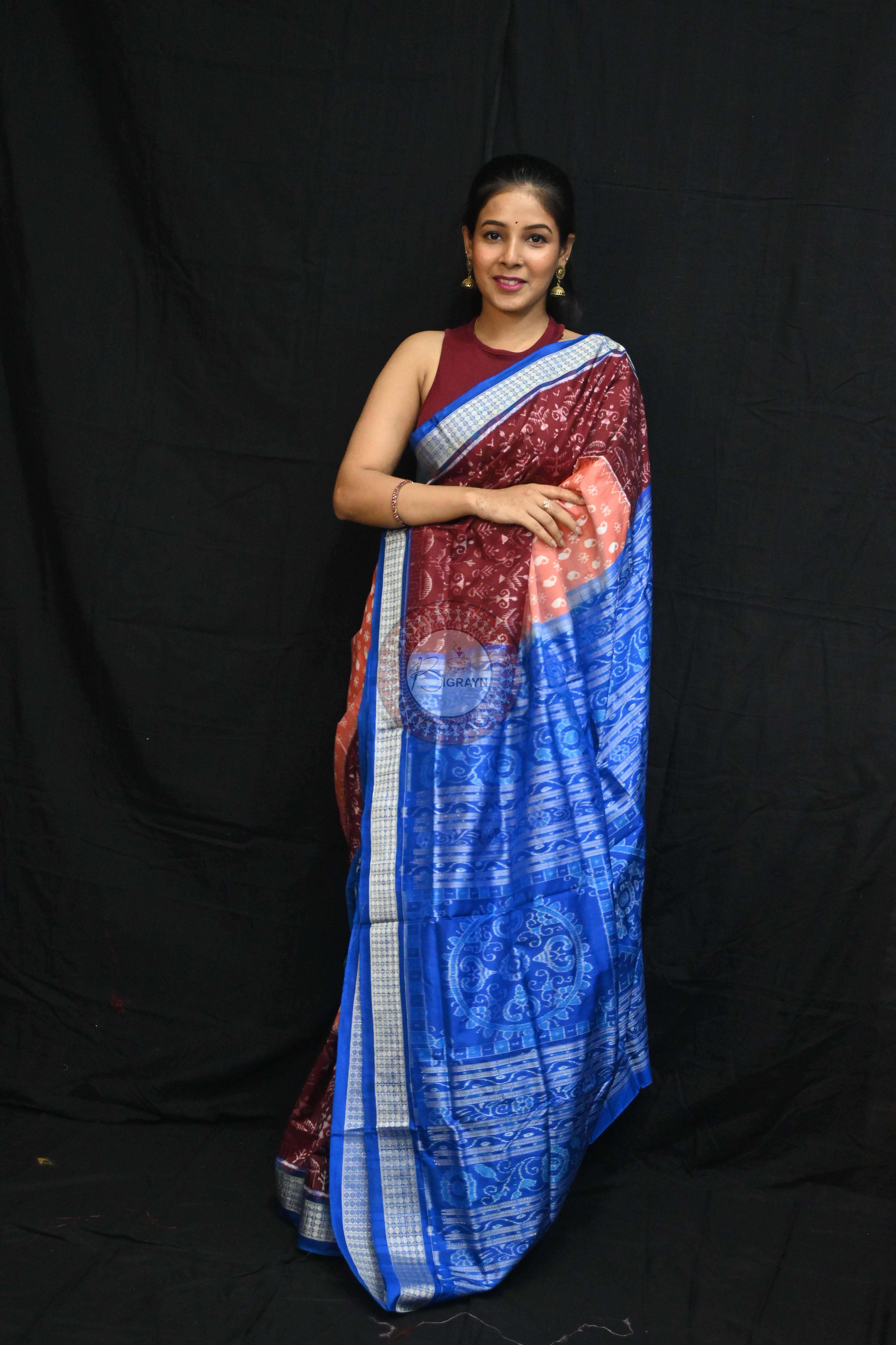 Peach Parsley Maroon Tribal Scot Sambalpuri Silk Saree