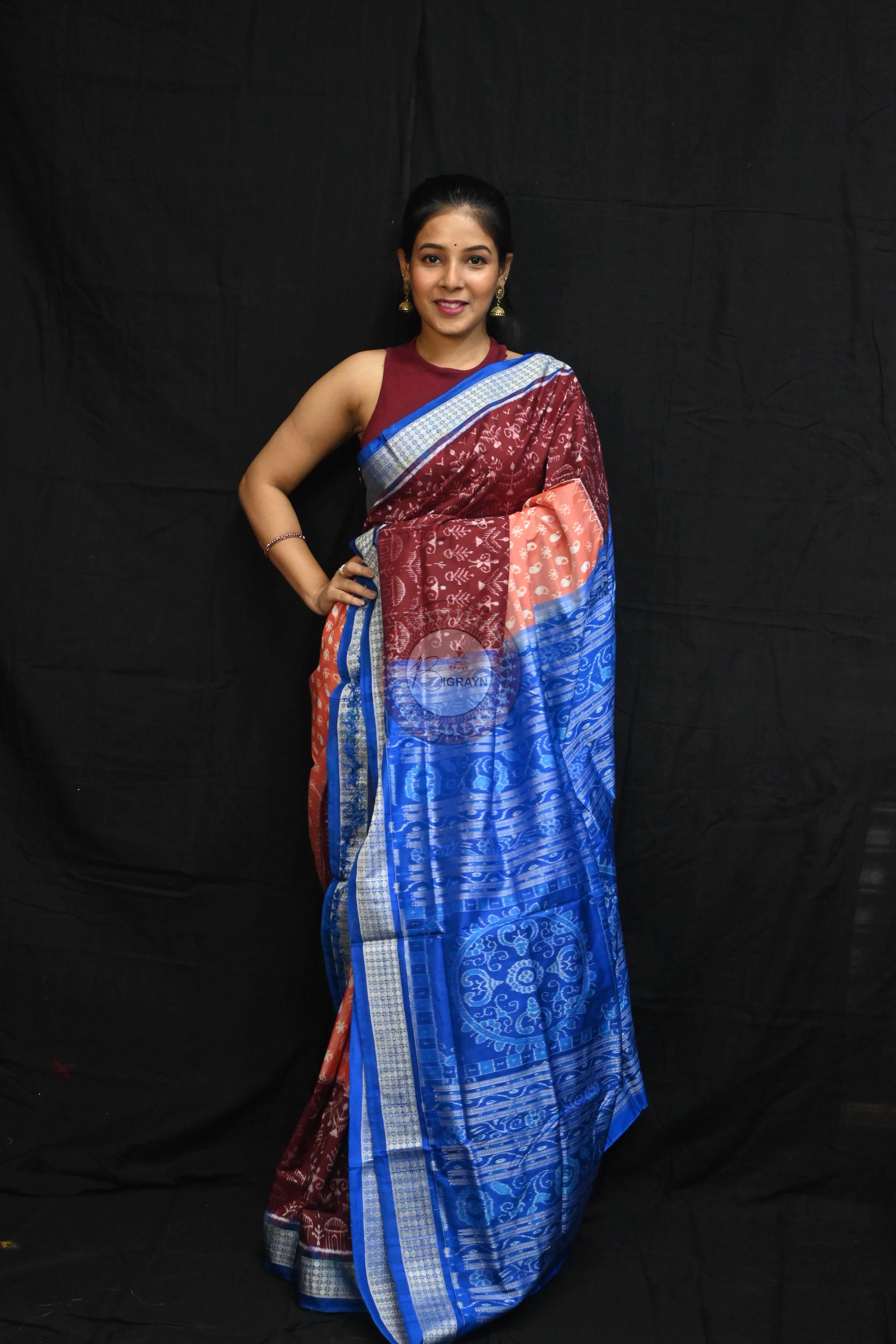 Peach Parsley Maroon Tribal Scot Sambalpuri Silk Saree